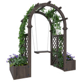 Garvee Wood Garden Arbor with Planter Boxes, Swing & Pergola - Outdoor Arch Trellis for Climbing Plants, Backyard Wedding Party Decor, Brown - Brown