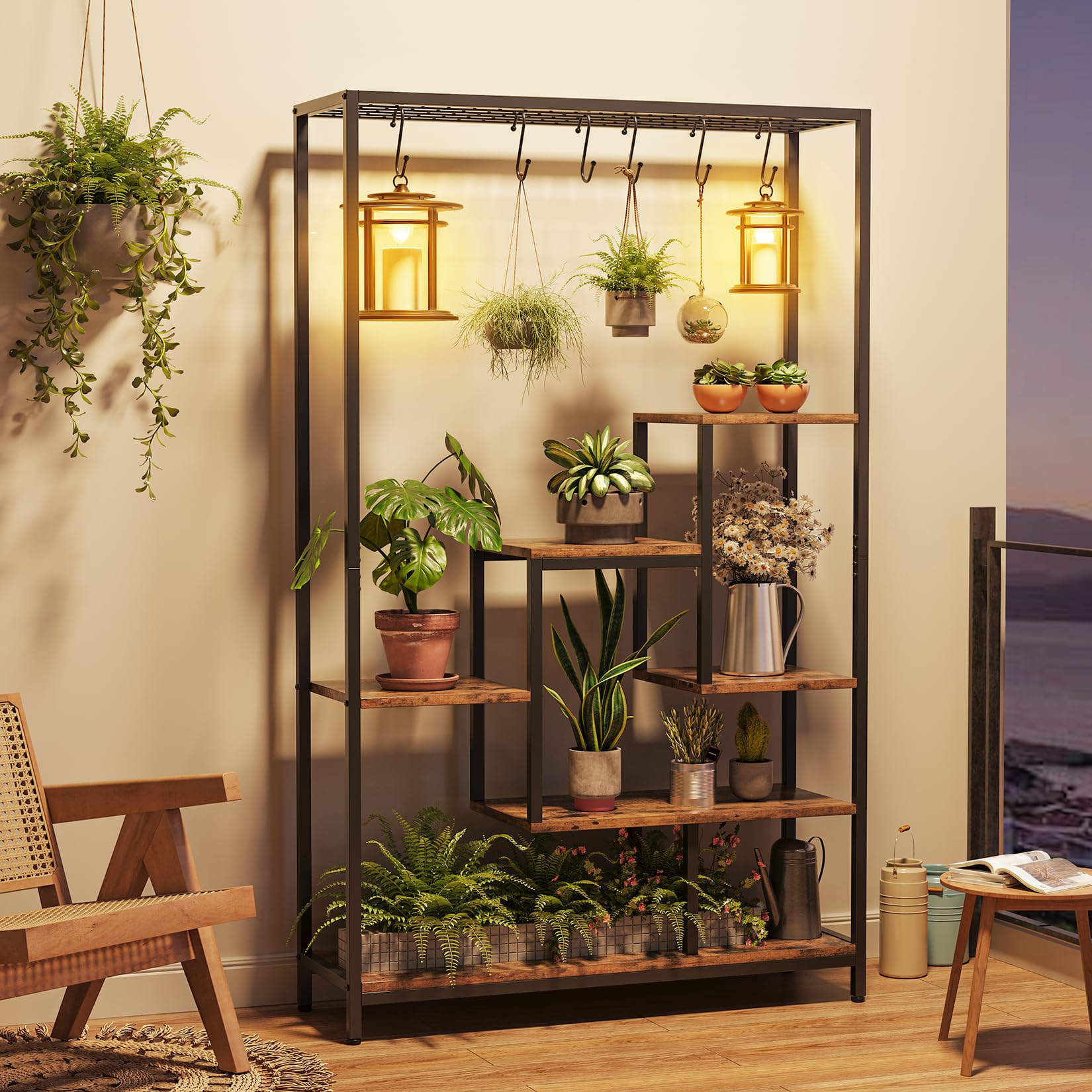 Brown wood grain and black metal plant stand with hanging plants and warm room lighting