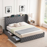 Garvee King Size Bed Frame + 4 Storage Drawers + Charging Station + Velvet Upholstered + Tall Headboard + Wooden Slats + Light Grey - Gray