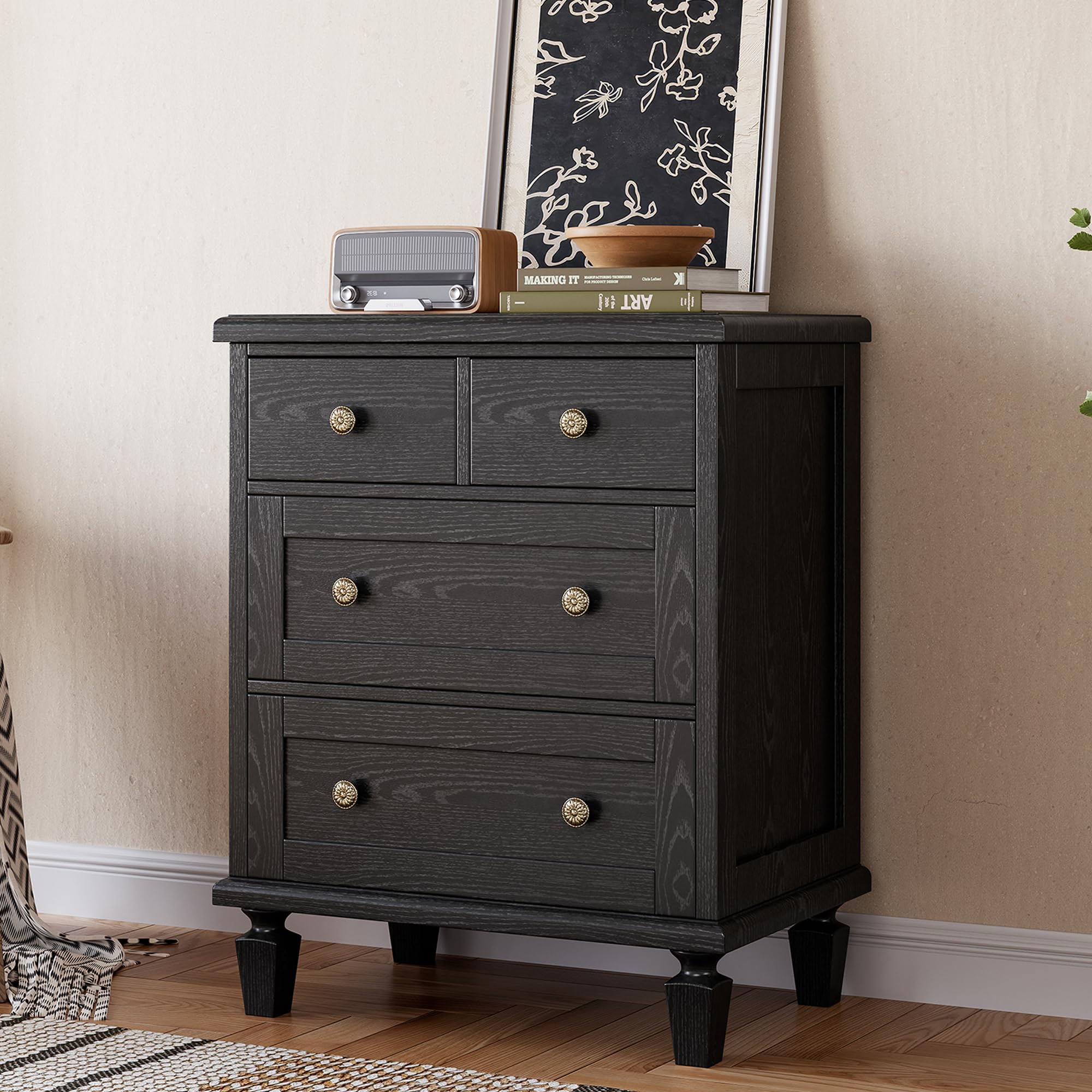 Garvee 4 Drawer Dresser Vintage Bedroom Furniture with Carved Handles