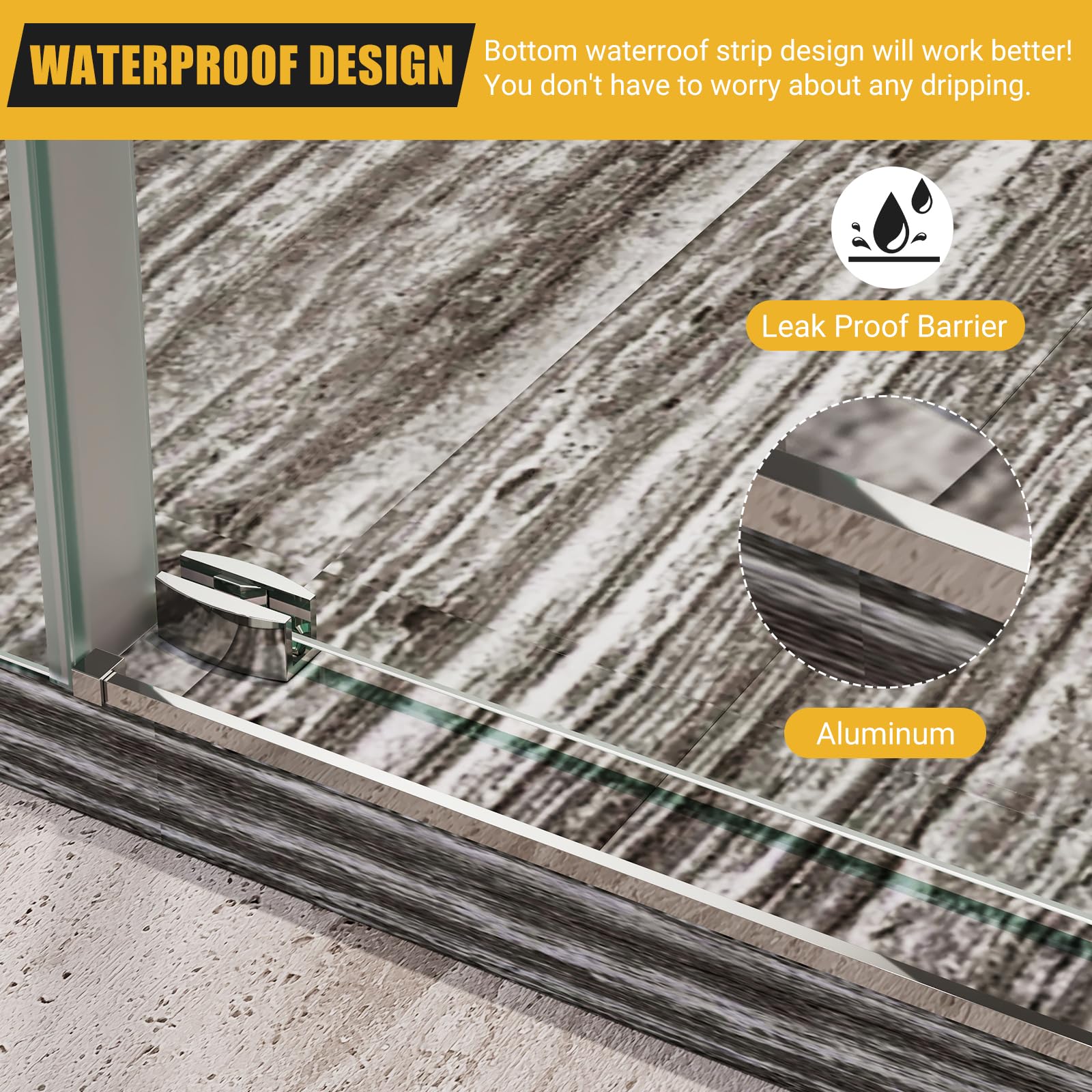 Waterproof aluminum bottom strip on shower door