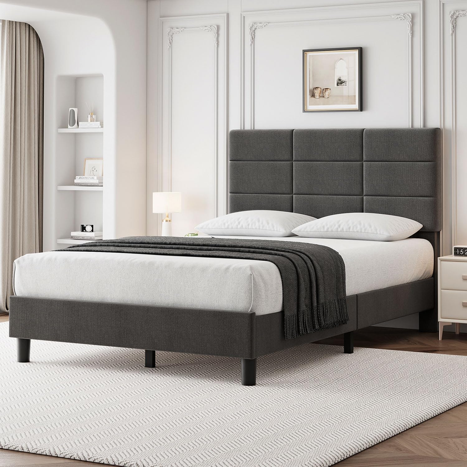 Garvee Twin Size Bed Frame with Adjustable Memory Foam Headboard, Linen Upholstered Platform Bed, Grey, 700lbs Support, No Box Spring Needed