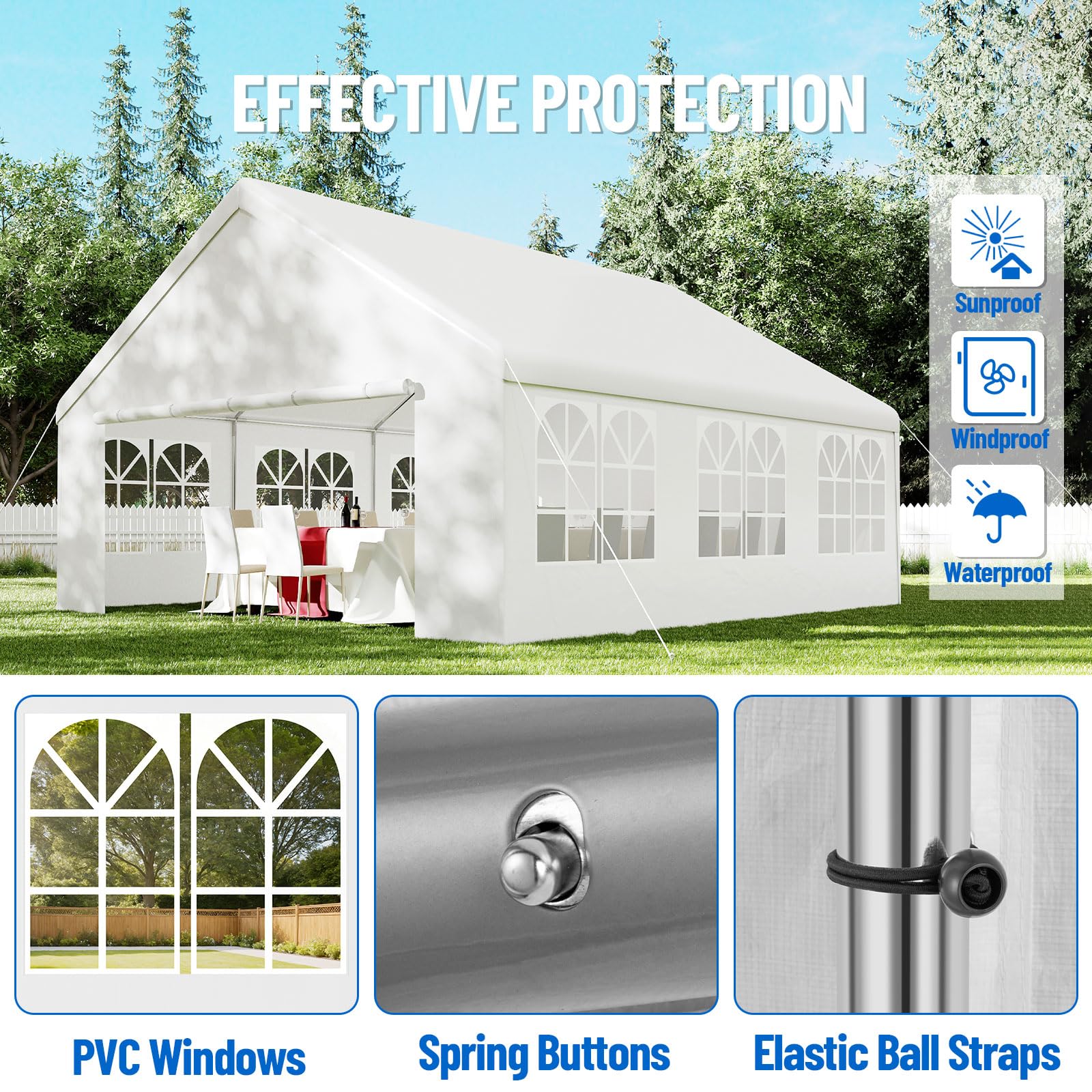 White party tent with cathedral PVC windows, spring buttons, elastic ball straps, and outdoor protection graphics