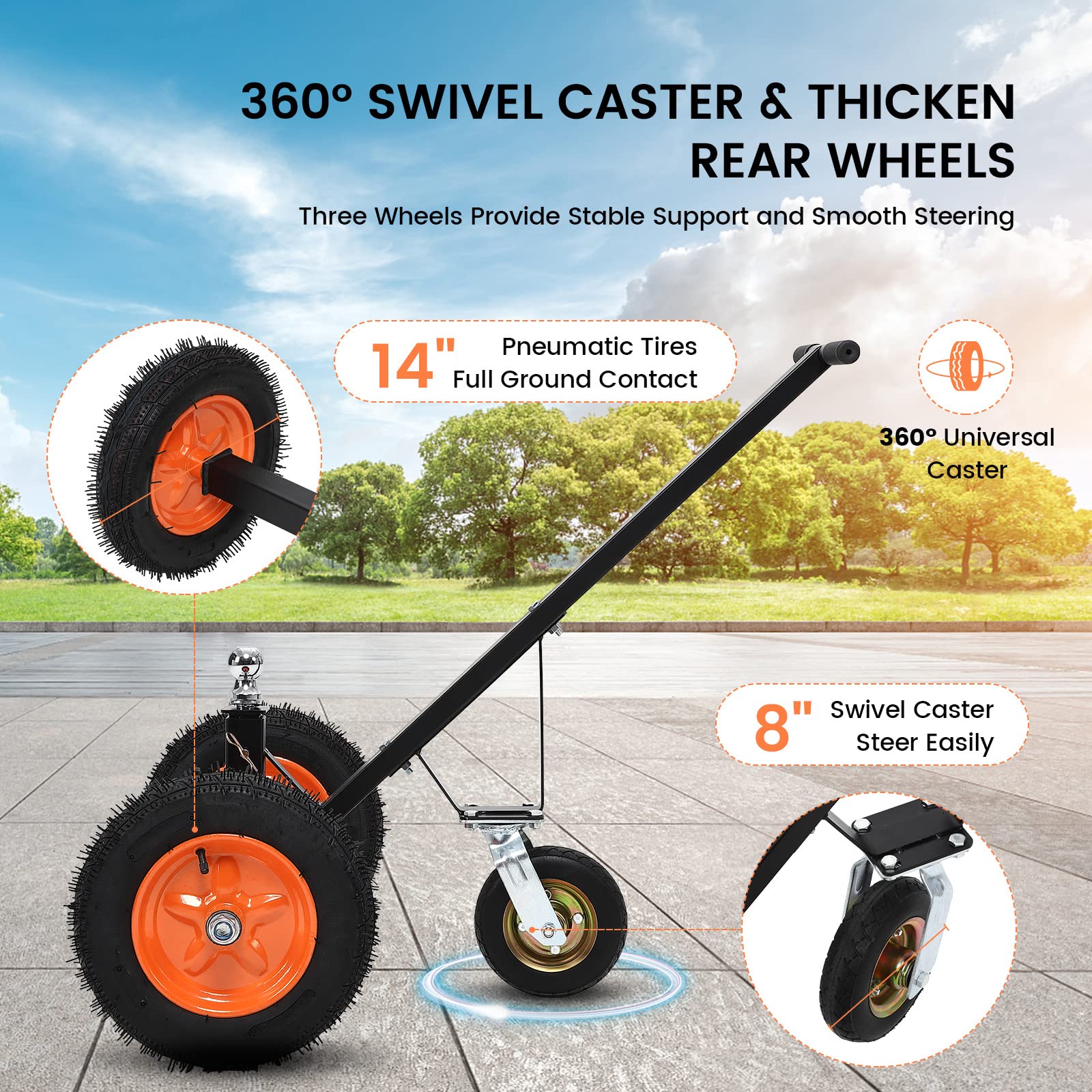 Fourteen-inch pneumatic tires and eight-inch swivel caster on trailer dolly