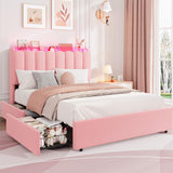 Garvee LED Full Size Bed Frame with Storage Headboard, Kids Bed Frame with 2 Drawers, Pink, Boucle Upholstered, No Box Spring Needed