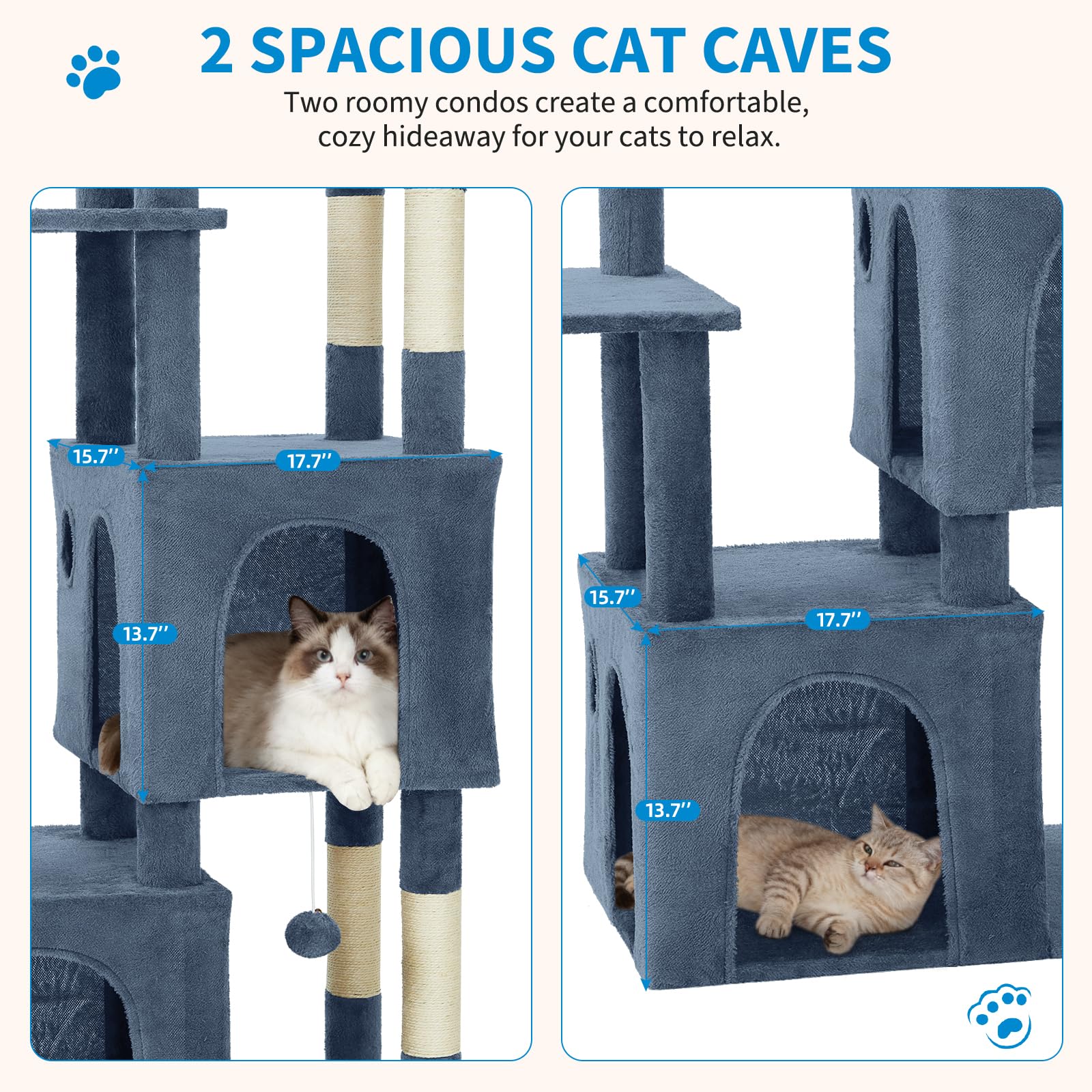 light blue cat tree with two spacious enclosed condos for resting cats