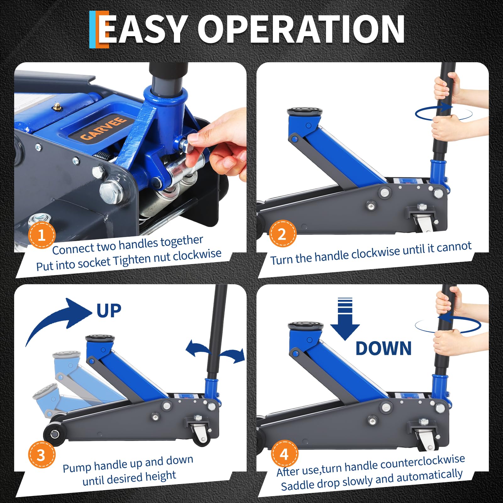 Blue hydraulic floor jack handle operation and lowering steps