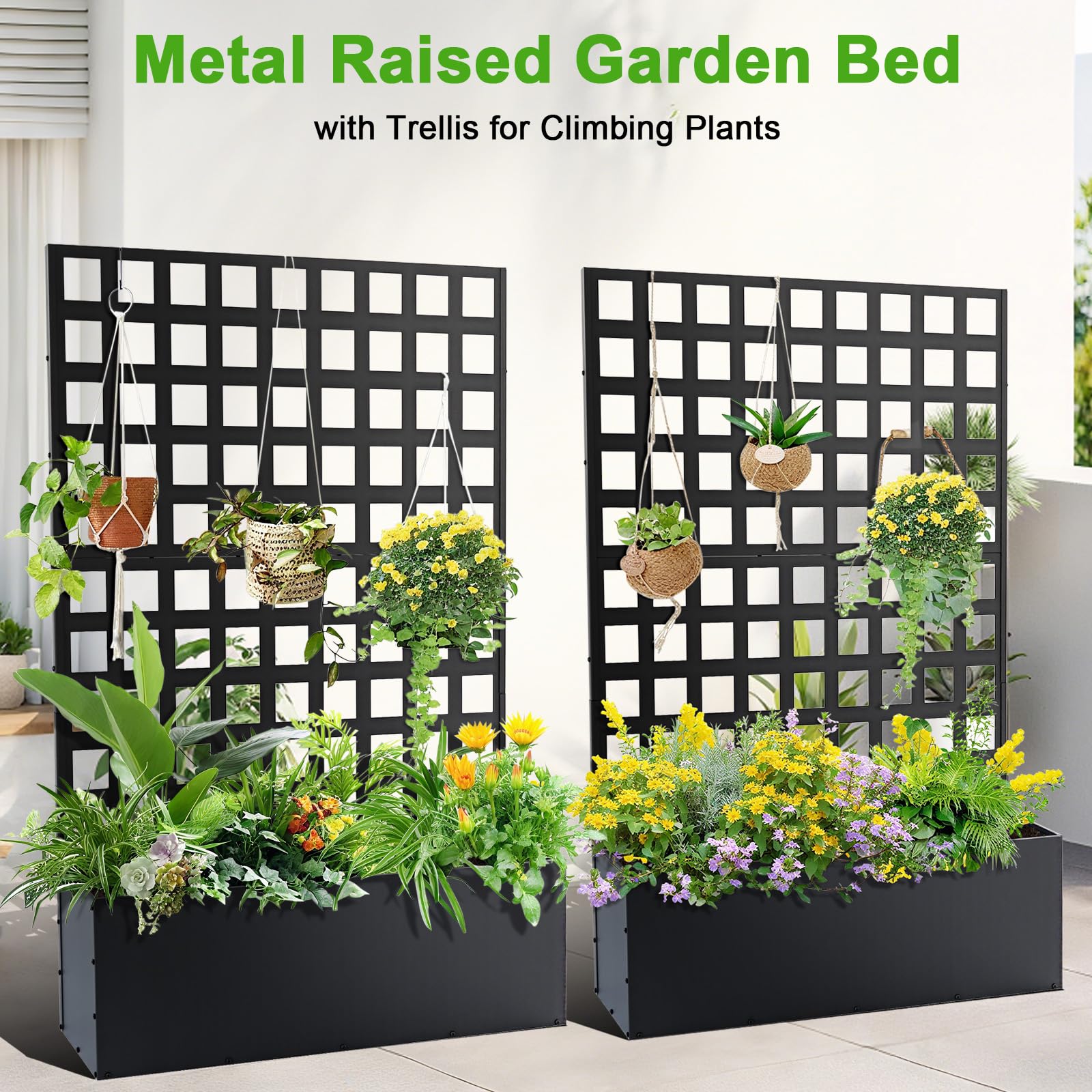 two black metal raised garden beds with square grid trellises and colorful plant displays