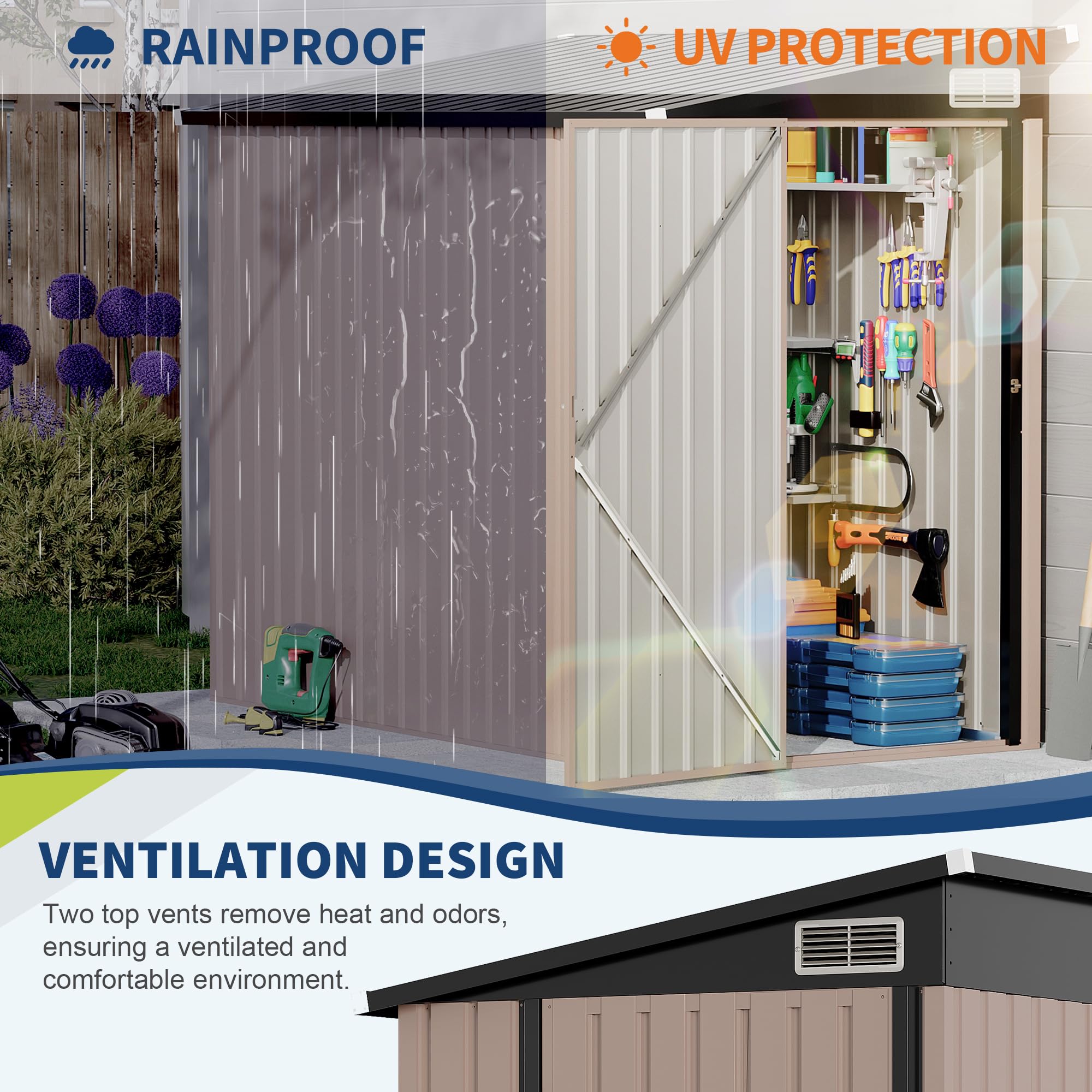 Brown 4 by 8 foot metal lean-to storage shed showing rainproof UV protection and ventilation design