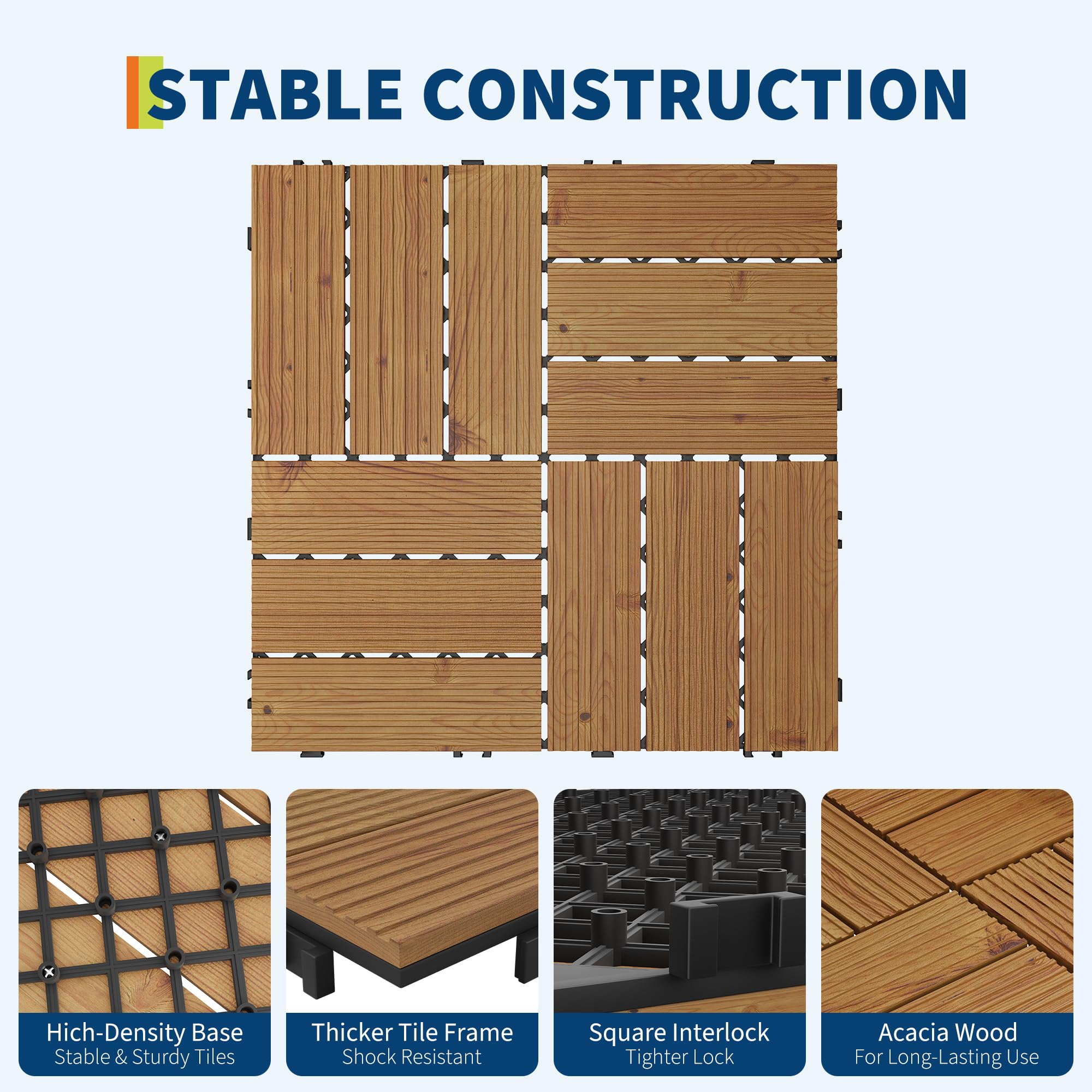 Brown acacia wood deck tiles showing reinforced interlocking base construction