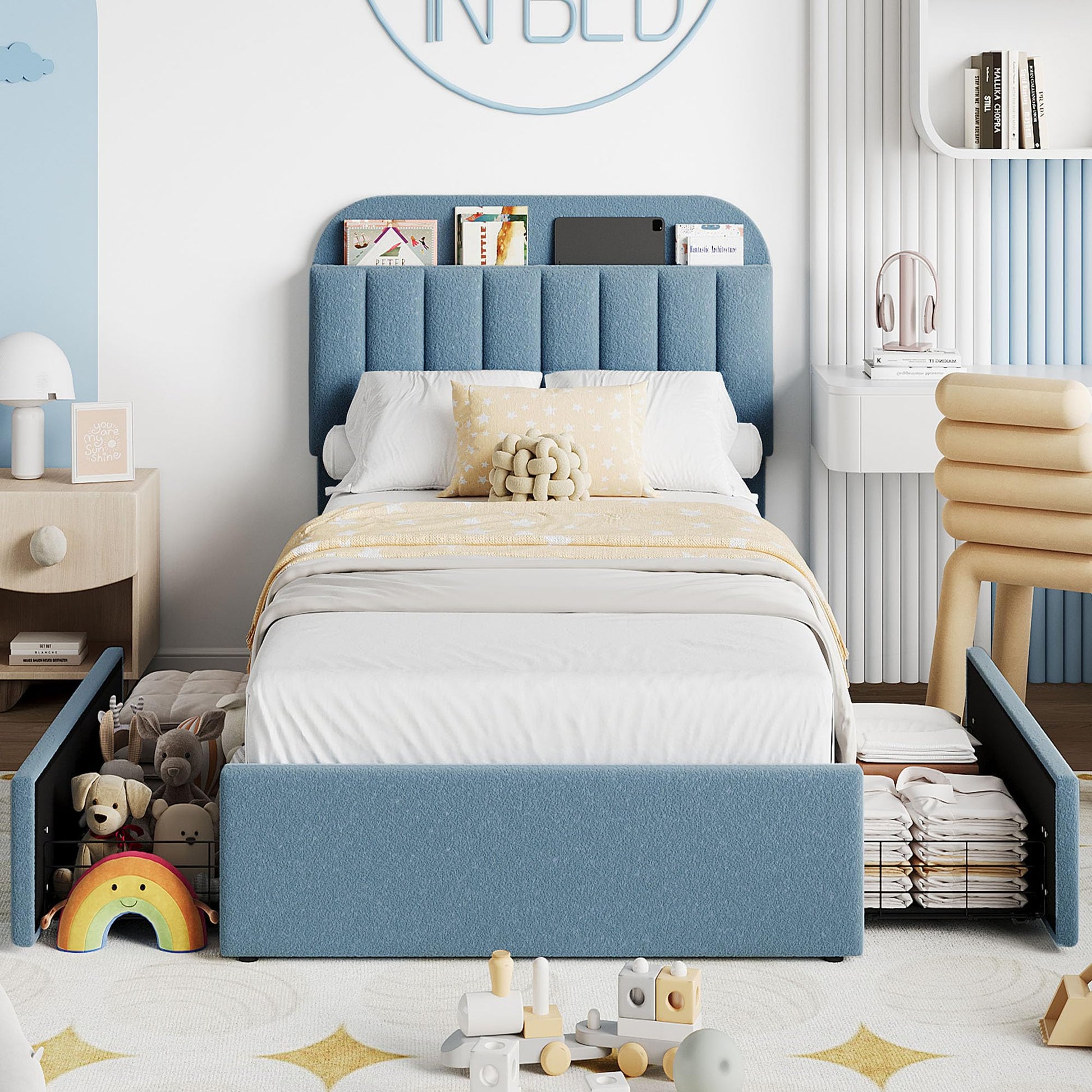 Garvee Twin Bed Frame for Kids with Bookcase Headboard and Drawers