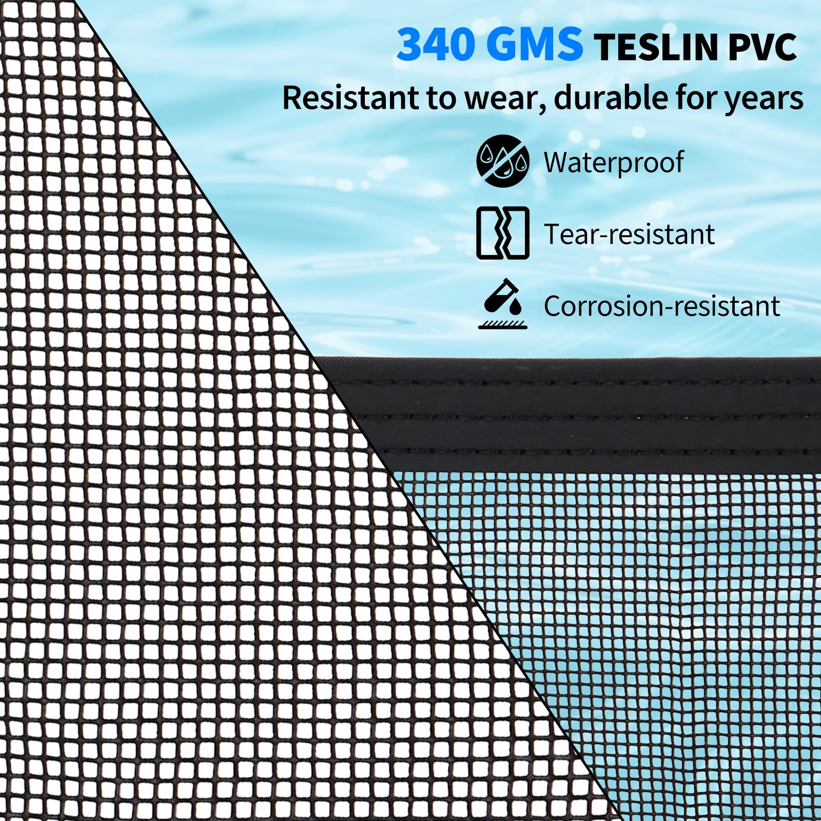 Close view of dense black Teslin PVC pool fence mesh with outdoor resistance features