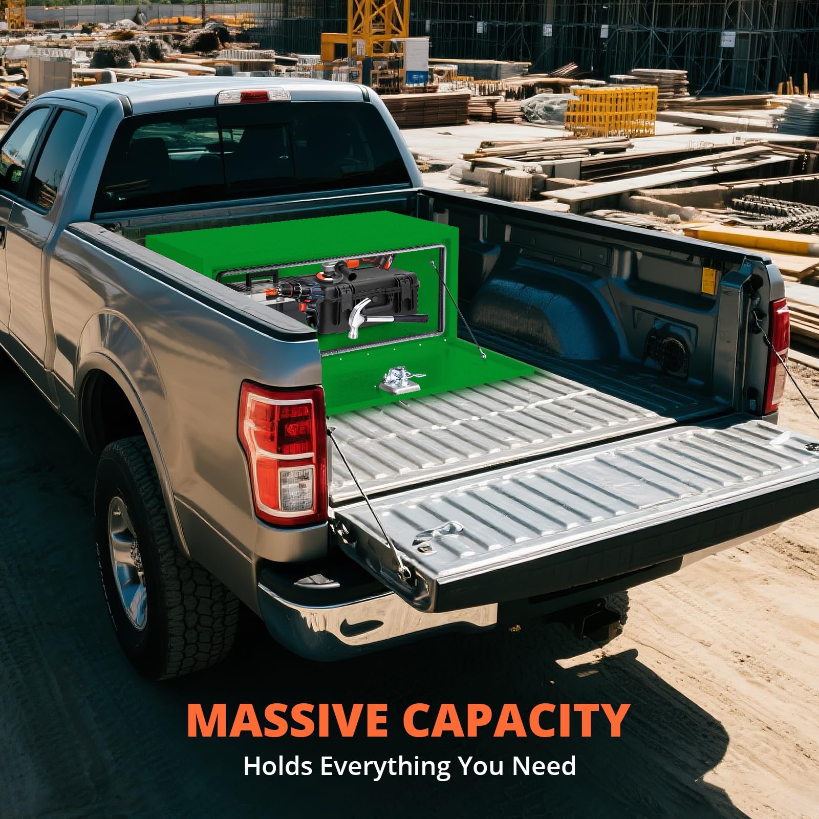green 30x14x16 inch underbody truck tool box with organized storage capacity