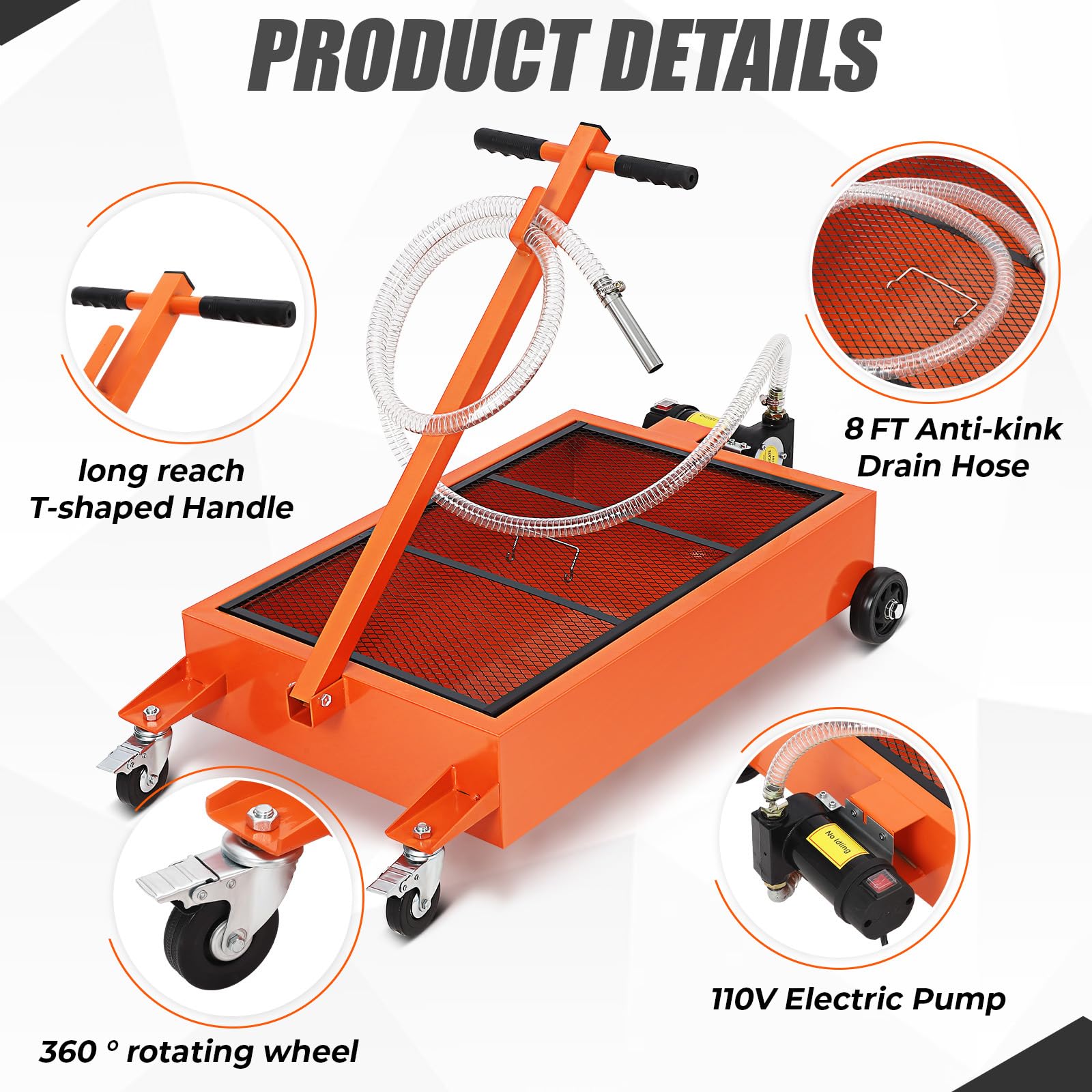 Product details showing 8ft hose, T-handle, and electric pump