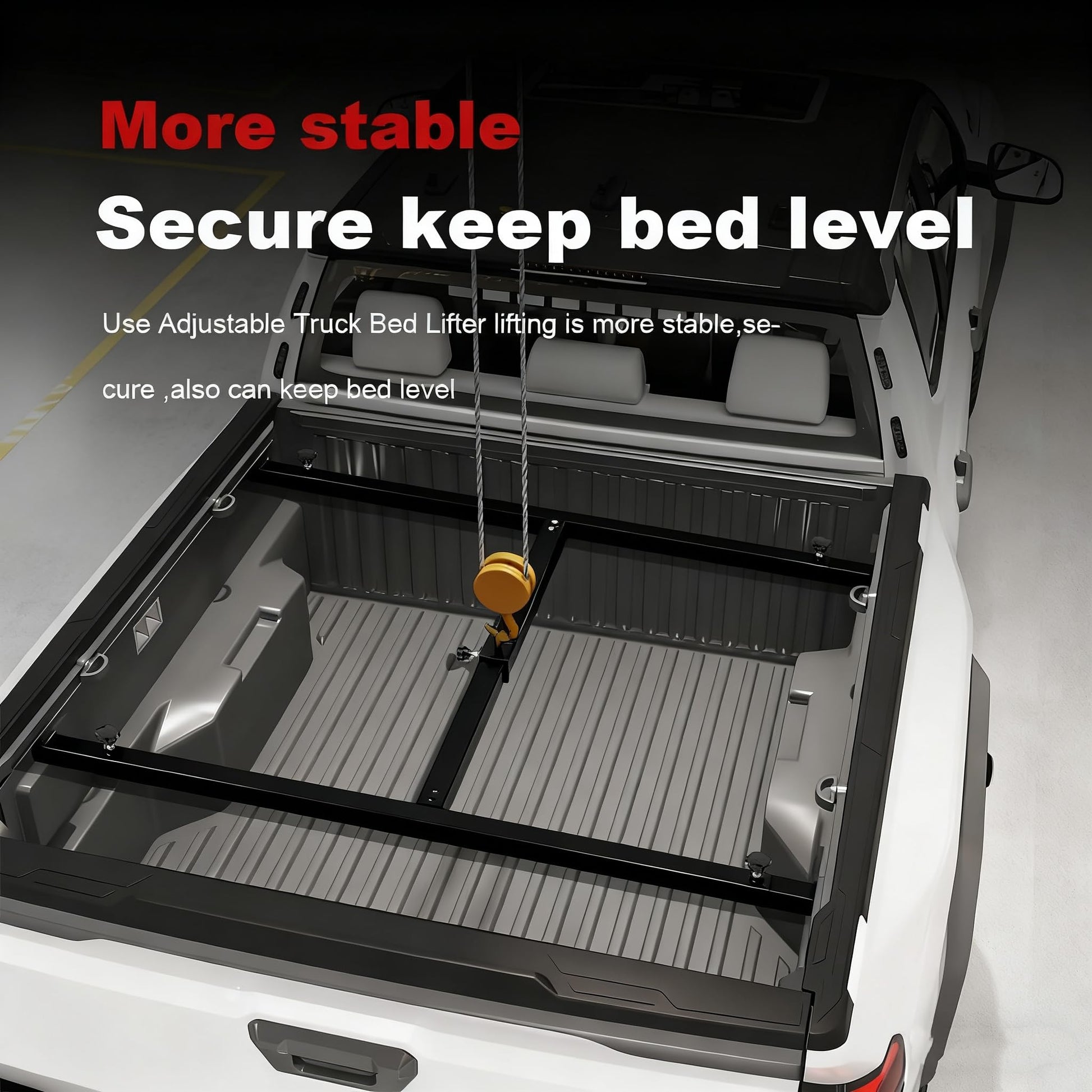 Stable truck bed lifter keeps pickup bed level