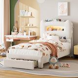 Garvee LED Full Bed Frame with 2-Tier Storage Headboard, Upholstered Platform Bed, Charging Station, Metal Support, Beige - Beige