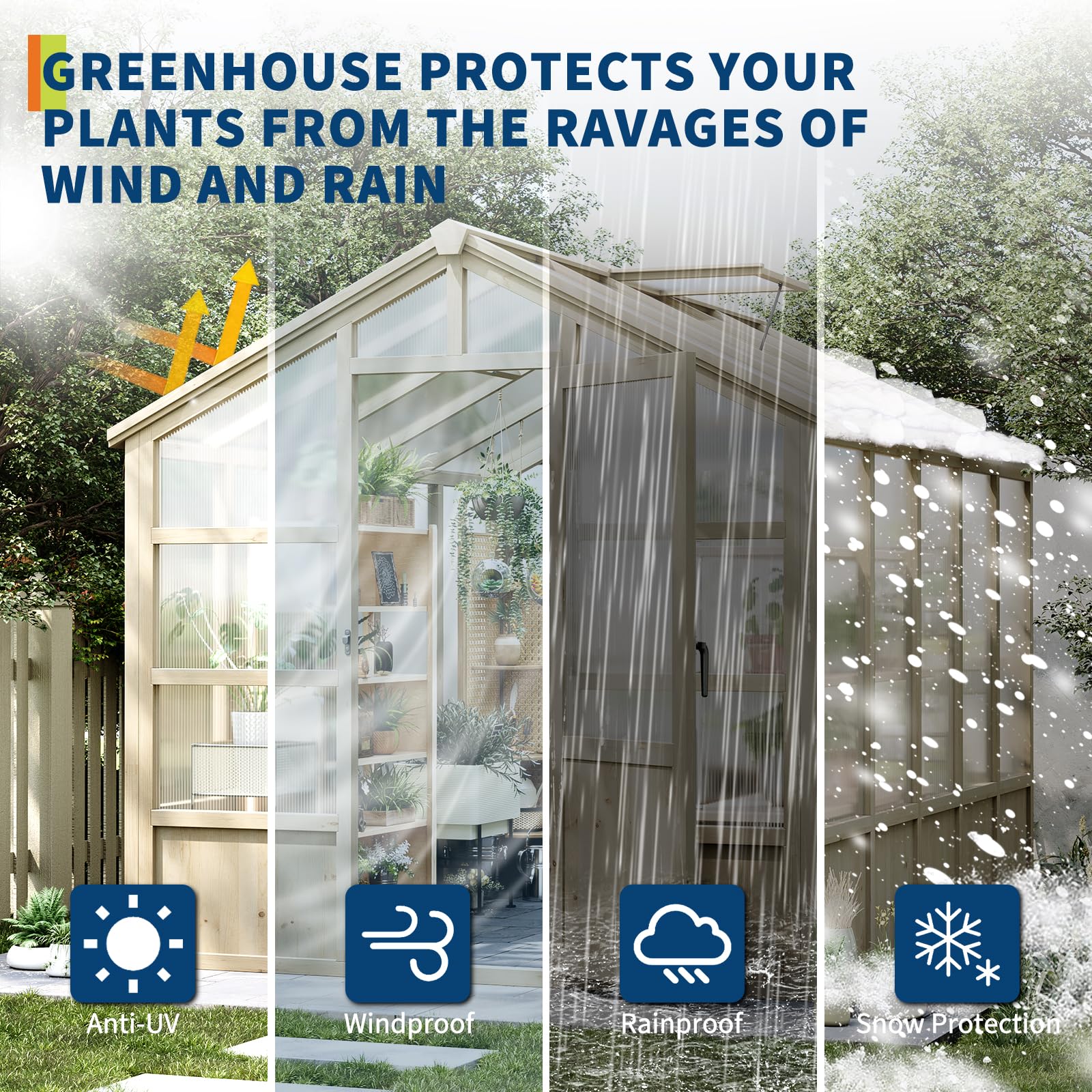 Wooden greenhouse shown protecting plants from sunlight wind rain and snow