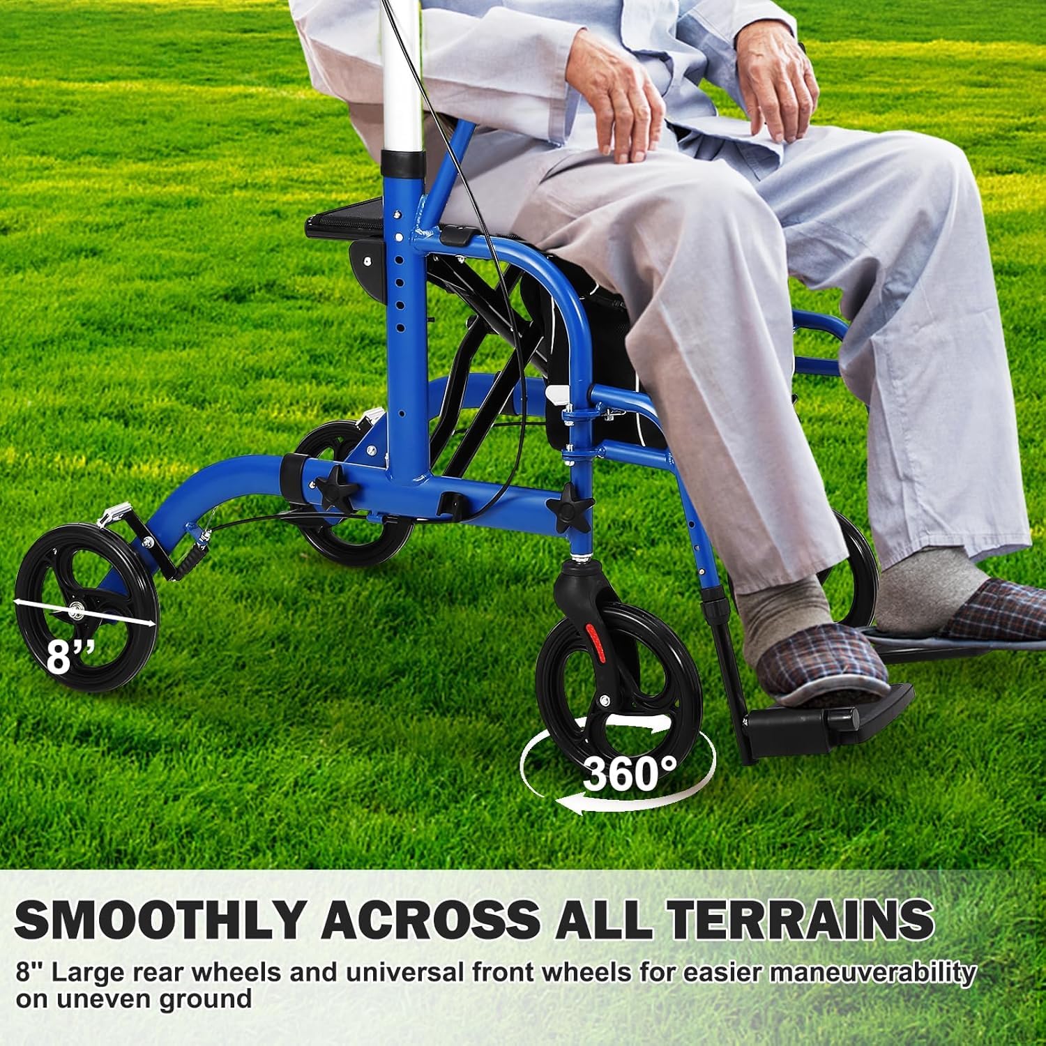 8 inch wheels and 360 degree front wheels for all-terrain maneuverability