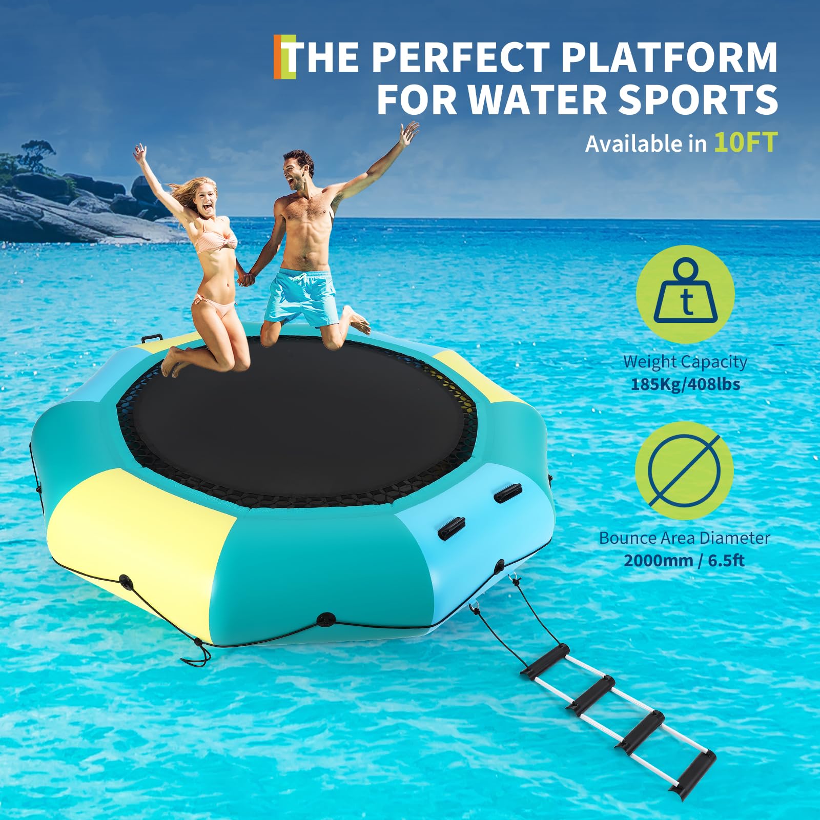 10FT blue green yellow inflatable water trampoline with 408 lbs capacity and 6.5 ft bounce area