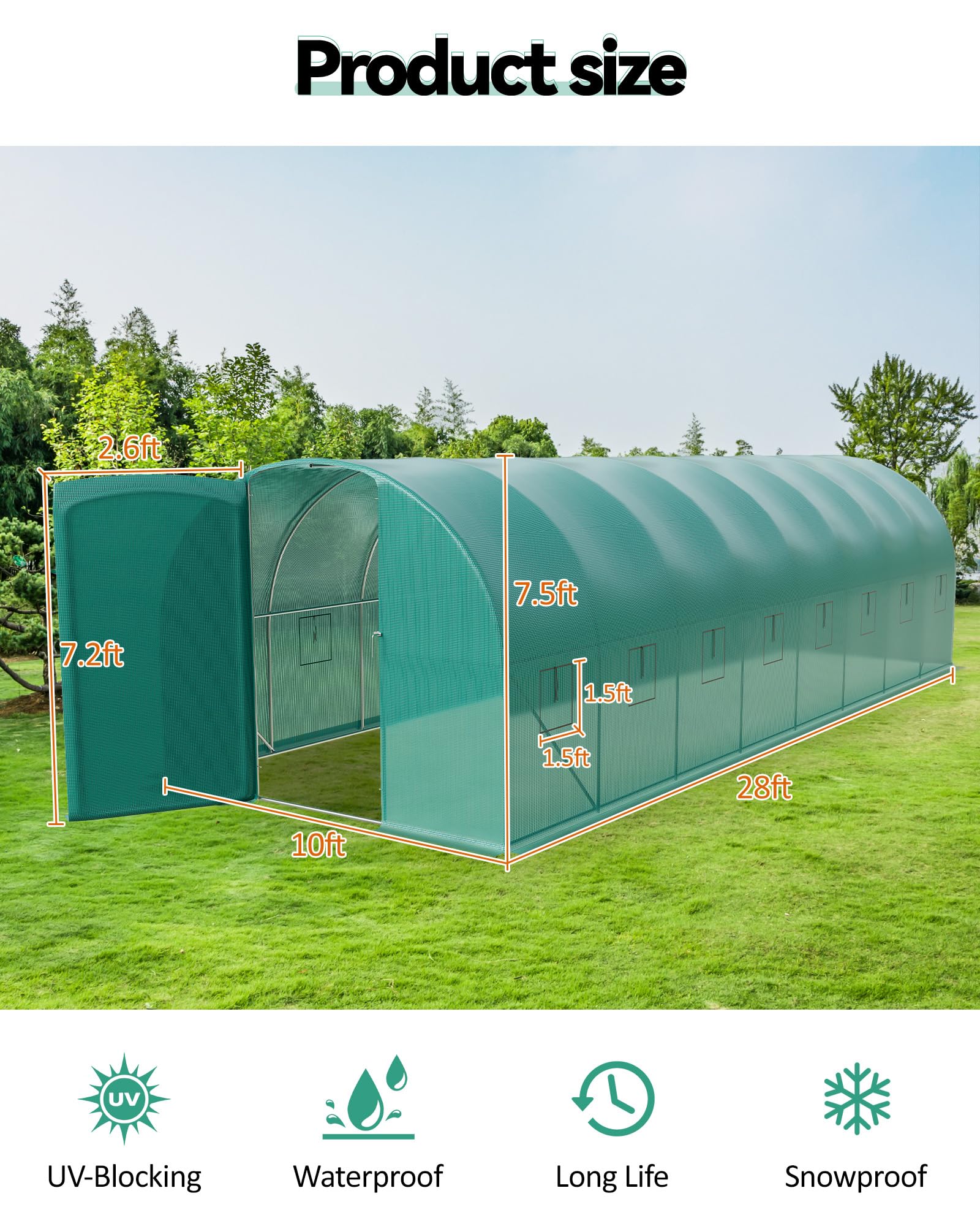 Dimensioned green walk-in greenhouse measuring 28 feet long, 10 feet wide, and 7.5 feet high