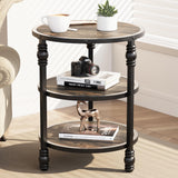Garvee Round End Table Accessories Rustic Wood 3-Tier Storage Industrial Style 23.6"H x 18.1"L x 18.1"W Black