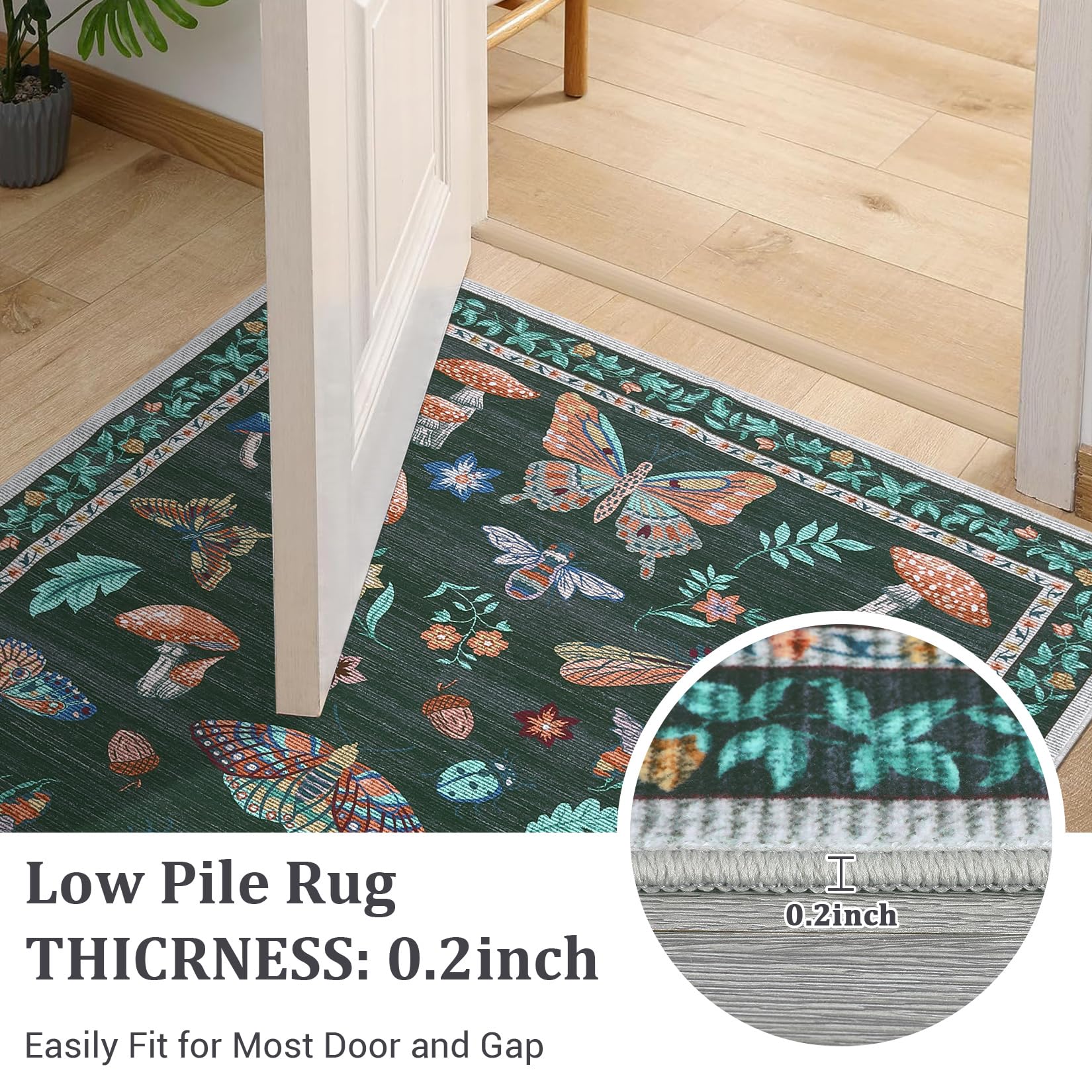 low pile black mushroom rug shown clearing a door and working with a robot vacuum