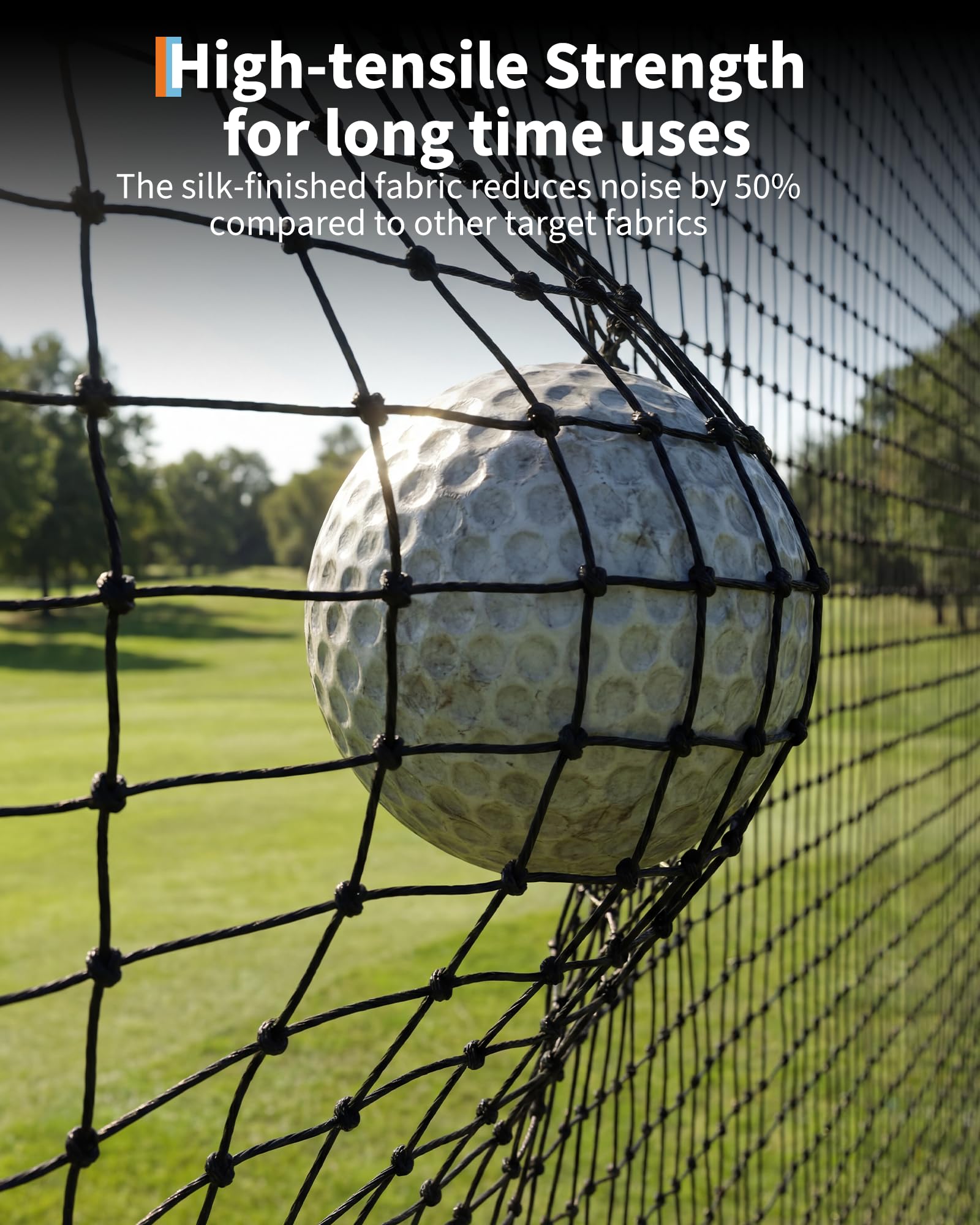 Close view of a golf ball pressing into the high tension black practice net