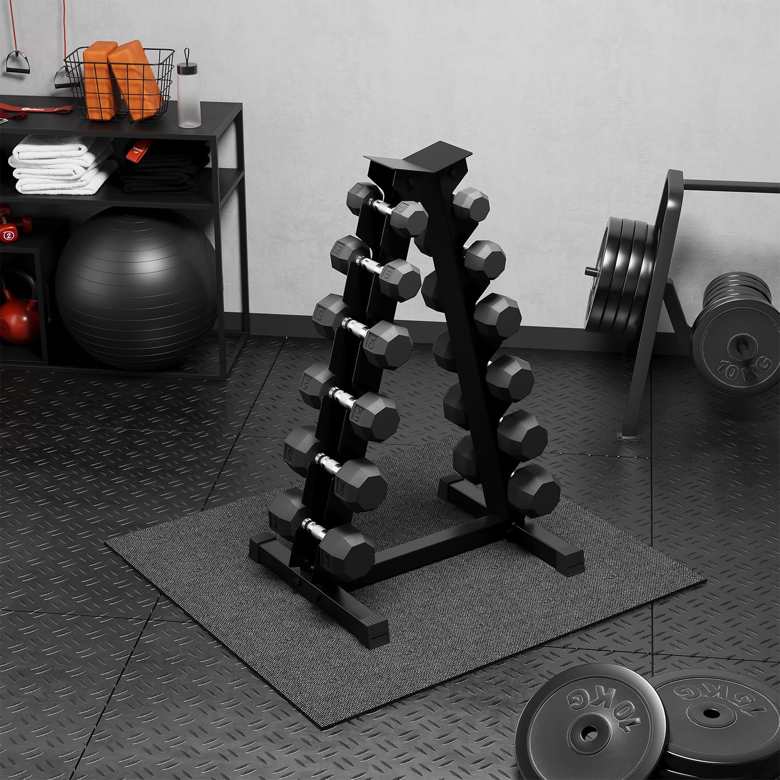Dumbbell set with rack in a home gym