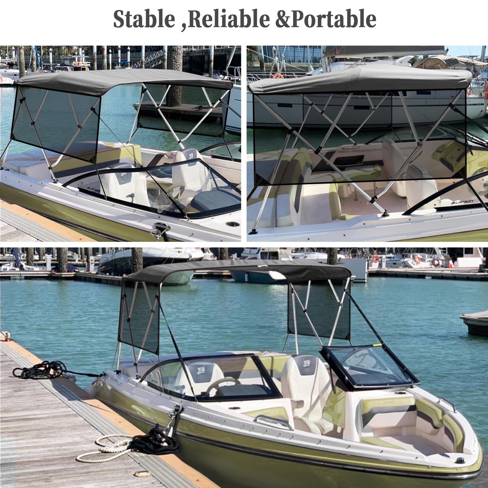 Grey 4 bow bimini top installed on a recreational boat with side curtains in multiple configurations