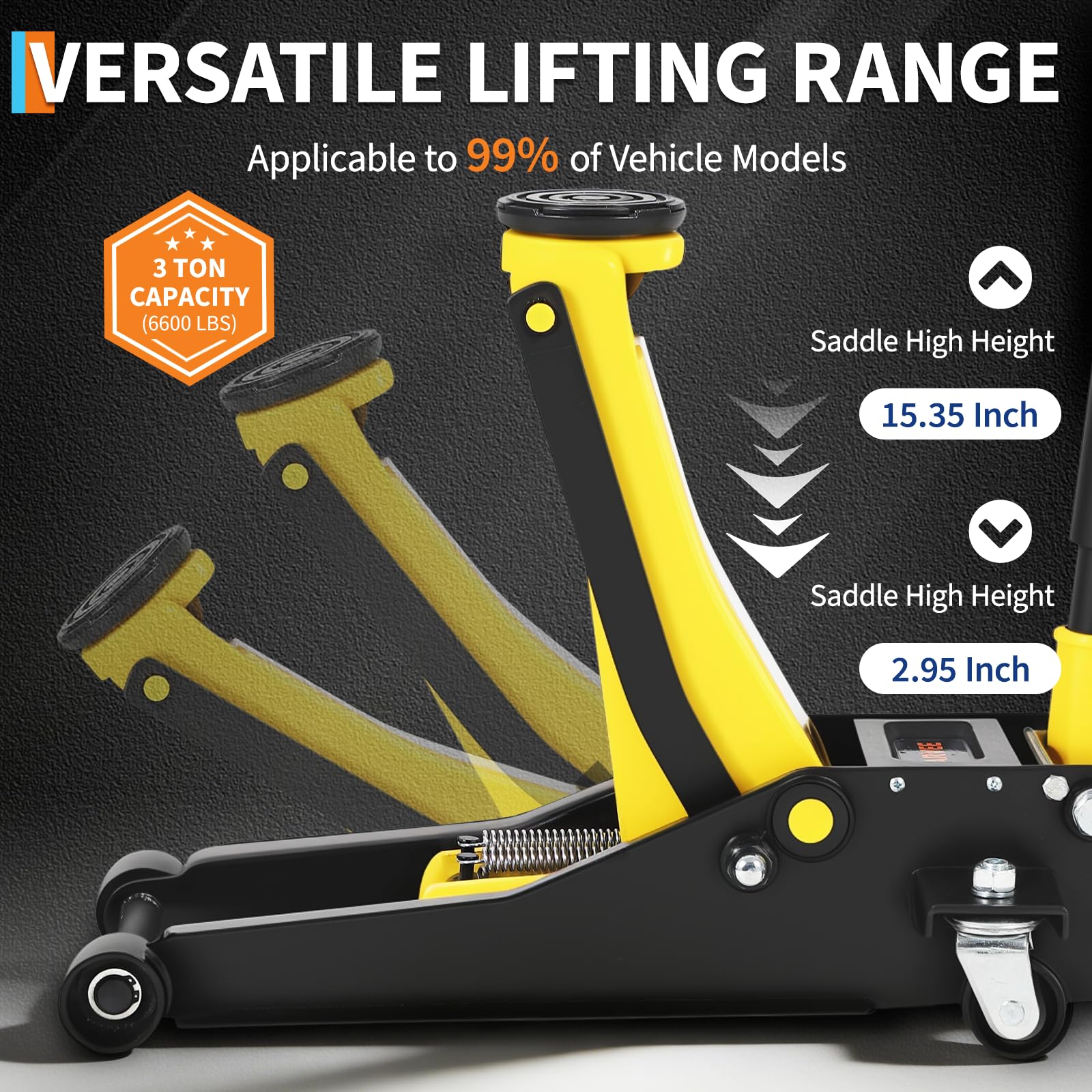 Yellow hydraulic floor jack lifting arm with 2.95 inch to 15.35 inch range