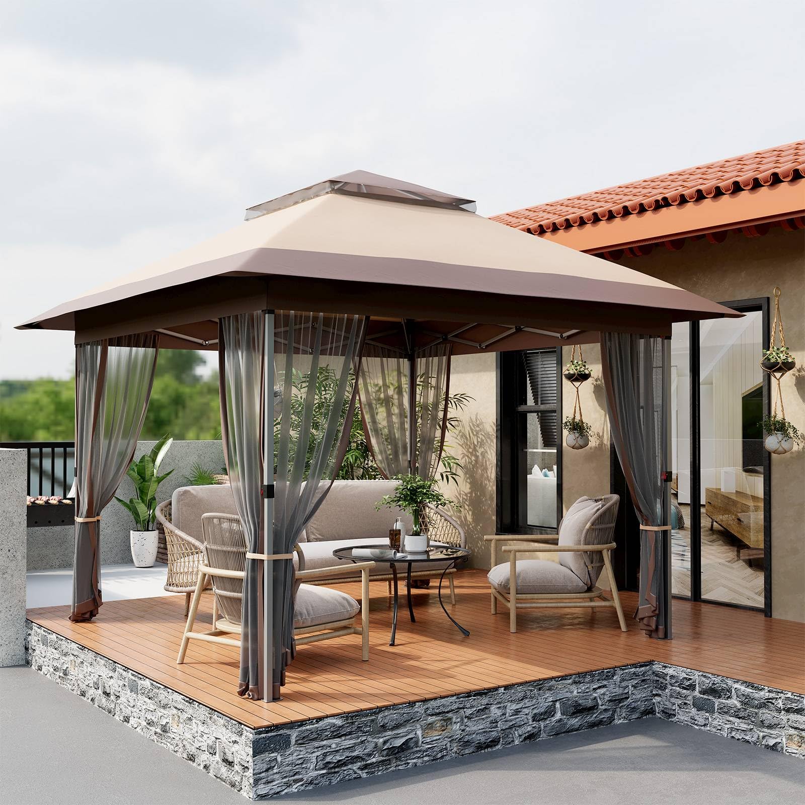 Khaki gazebo with mosquito netting for patio seating