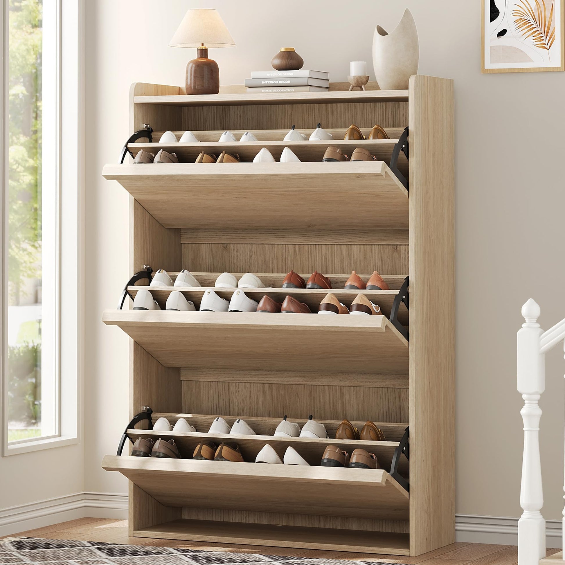 Three flip drawers keep shoes hidden and organized