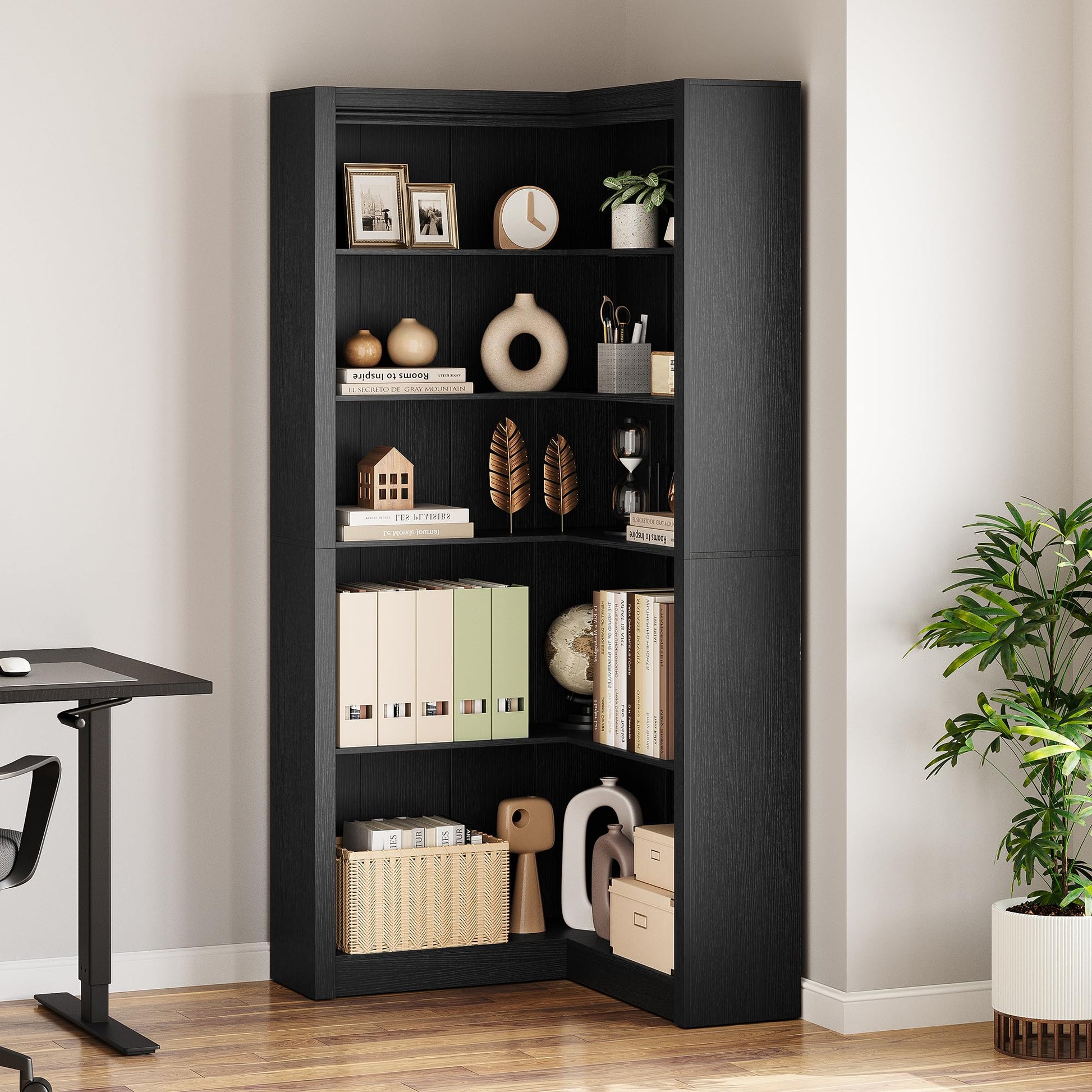 Farmhouse corner bookshelf display in home office