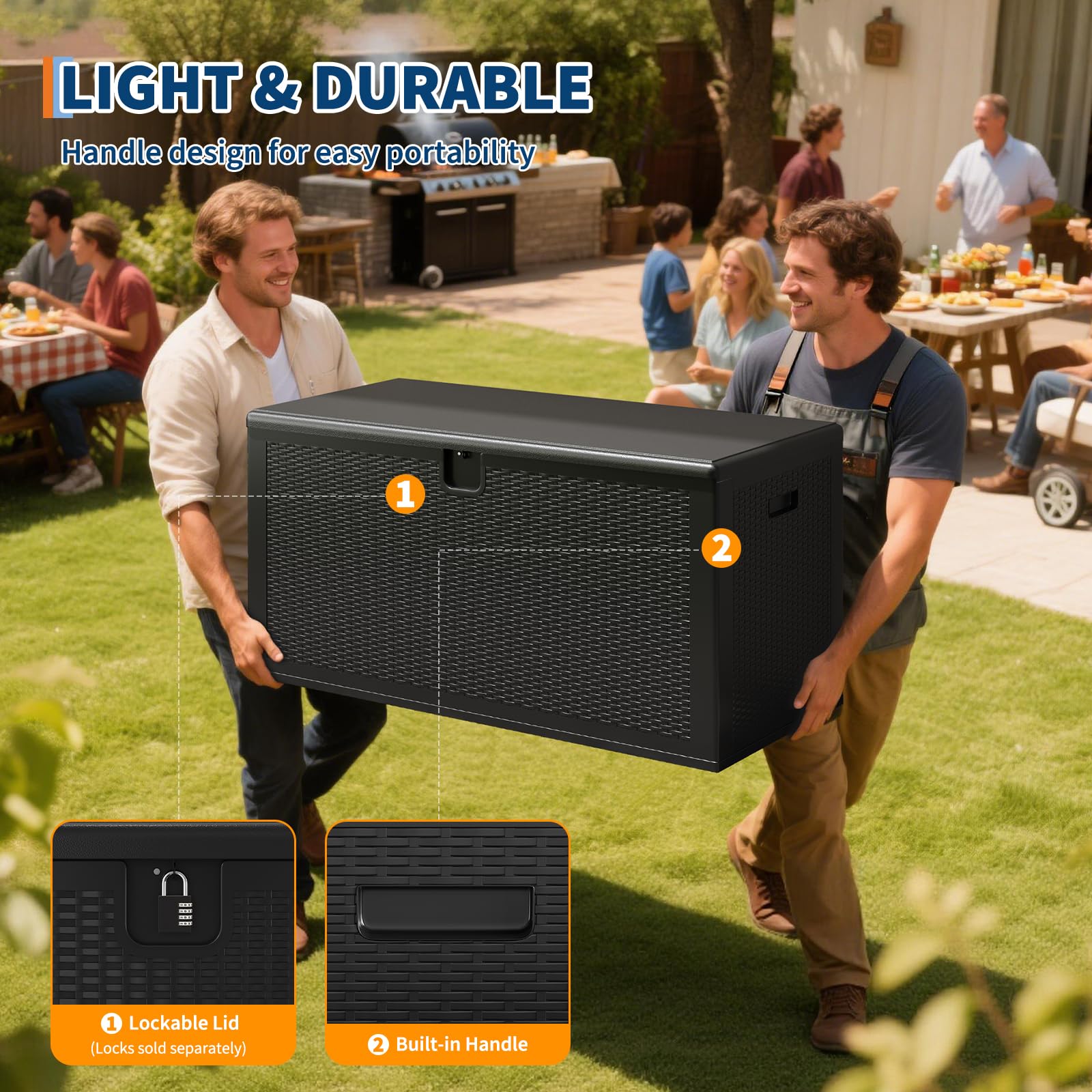 black resin deck box showing built in side handles lockable lid and two person carrying