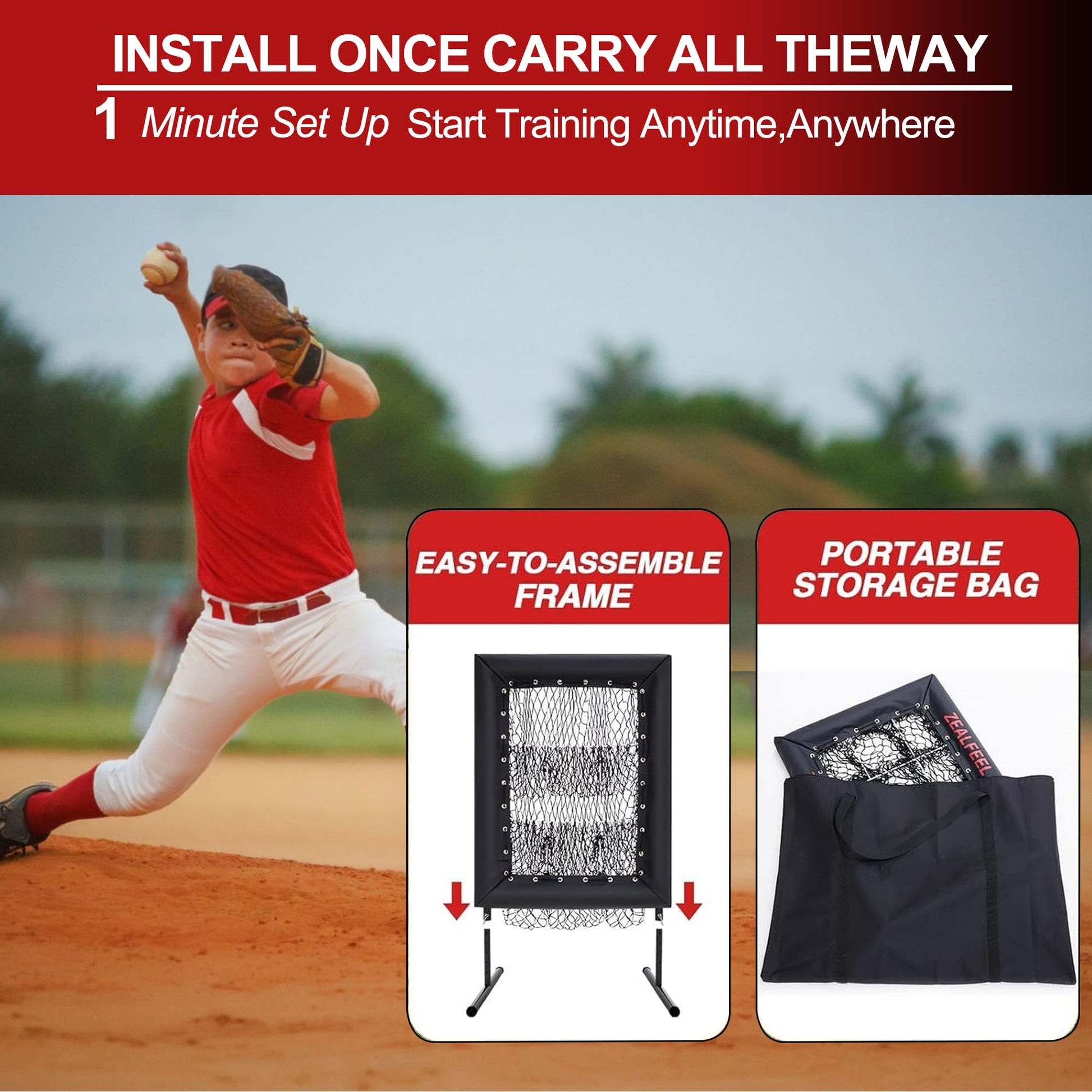 Portable baseball pitching net with quick setup and storage bag