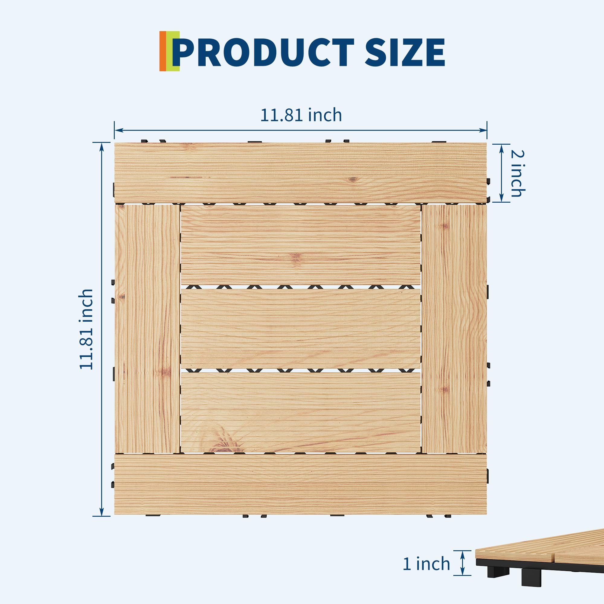 Dimension diagram for a 12" square acacia wood deck tile