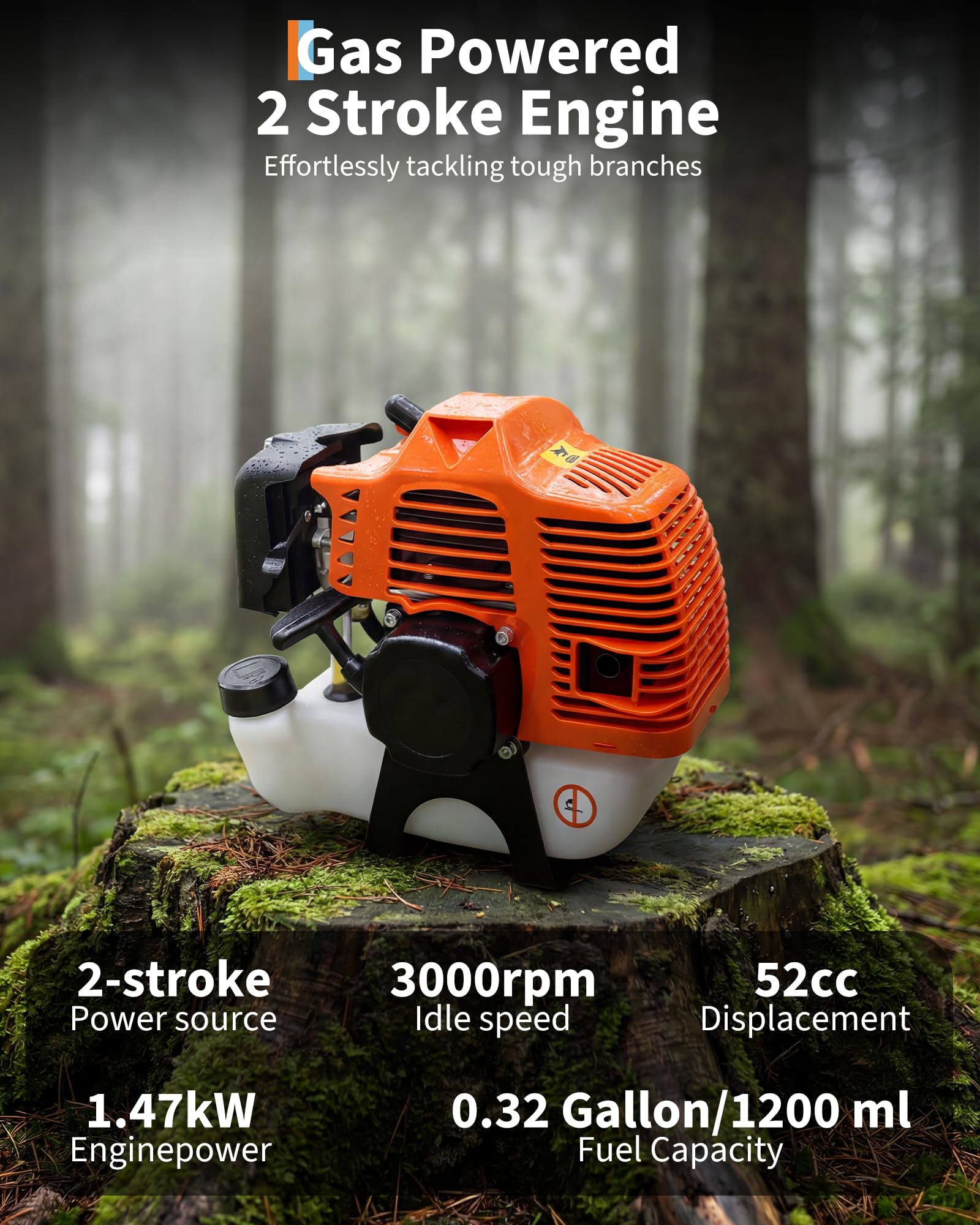 Garvee 52CC gas powered pole chain saw engine and control details