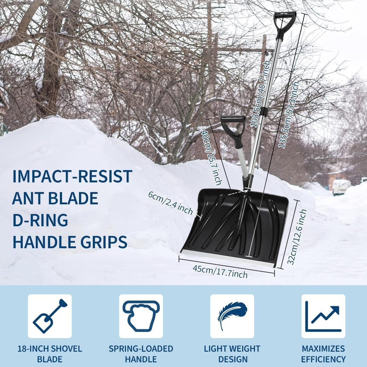 18-inch wide shovel blade with aluminum edge and size guide