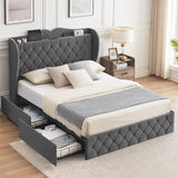 Garvee Queen Size Bed Frame with 4 Storage Drawers, Charging Station, Velvet Upholstered, Tall Headboard, Wooden Slats, Grey - Gray
