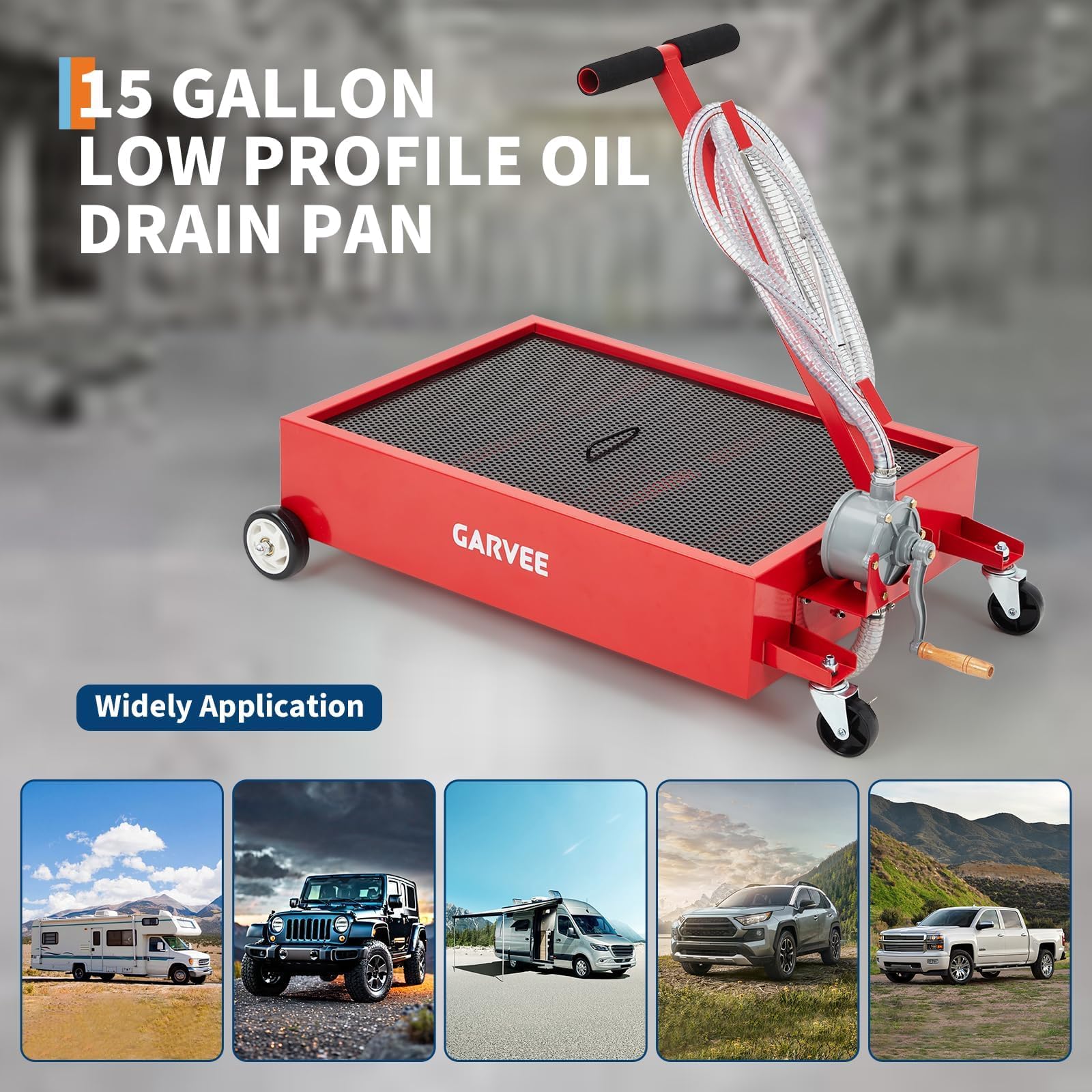 Red low profile oil drain pan shown for cars SUVs and truck maintenance