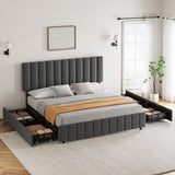 Garvee Grey King Linen Upholstered Bed Frame with 4 Storage Drawers, Adjustable Headboard, Sturdy Wooden Slats, No Box Spring Required, Easy Assembly - Gray (Ys188-5)