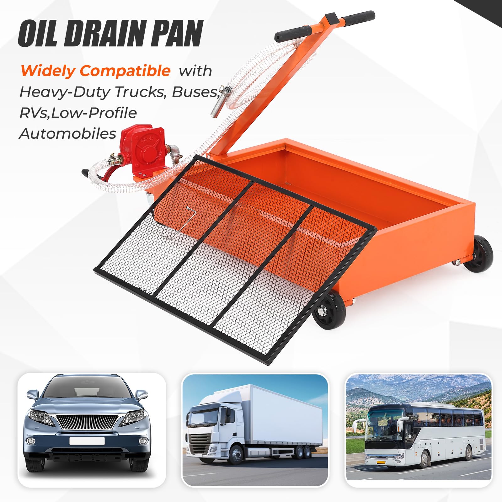 Orange low profile oil drain pan shown with cars trucks buses and RVs