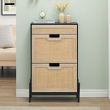 Garvee Natural Rattan Shoe Cabinet with 2 Flip Doors and Drawer for Entryway, Adjustable Shelves, Black and Oak
