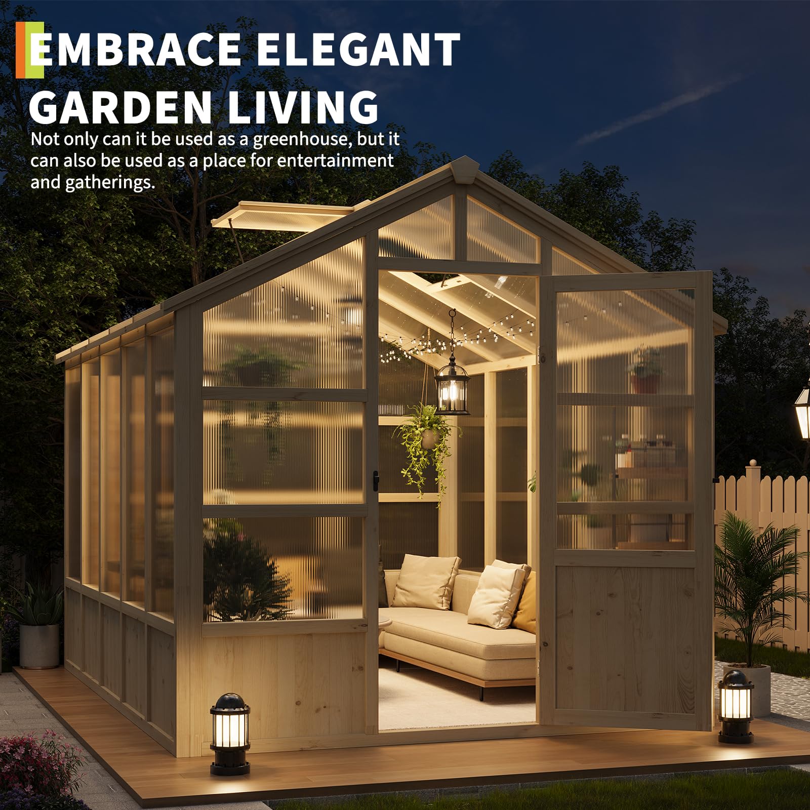Illuminated light brown wooden greenhouse arranged as an evening garden retreat