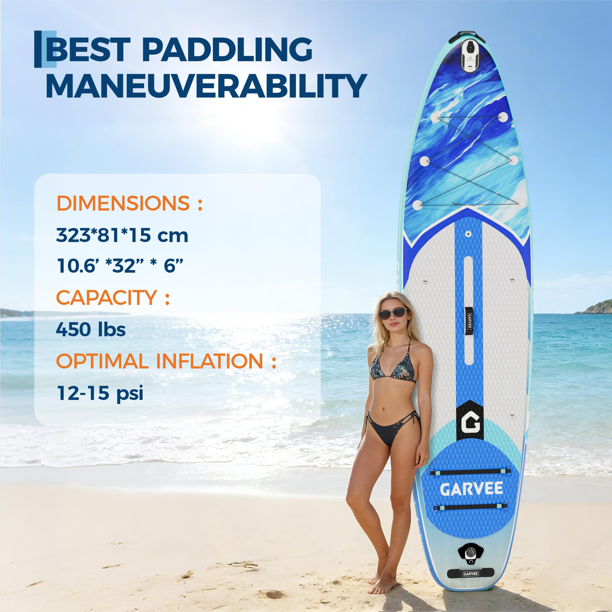 10'6" Ocean Blue Inflatable Paddle Board shown with size and load capacity information