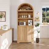 Garvee 72 In Tall Arched Pantry Cabinet With Doors, 5-Tier Kitchen Pantry Cabinet, Adjustable Shelves, Natural Wood Storage Cabinet for Dining Room Kitchen Living Room - Wood Color + Gold Handle
