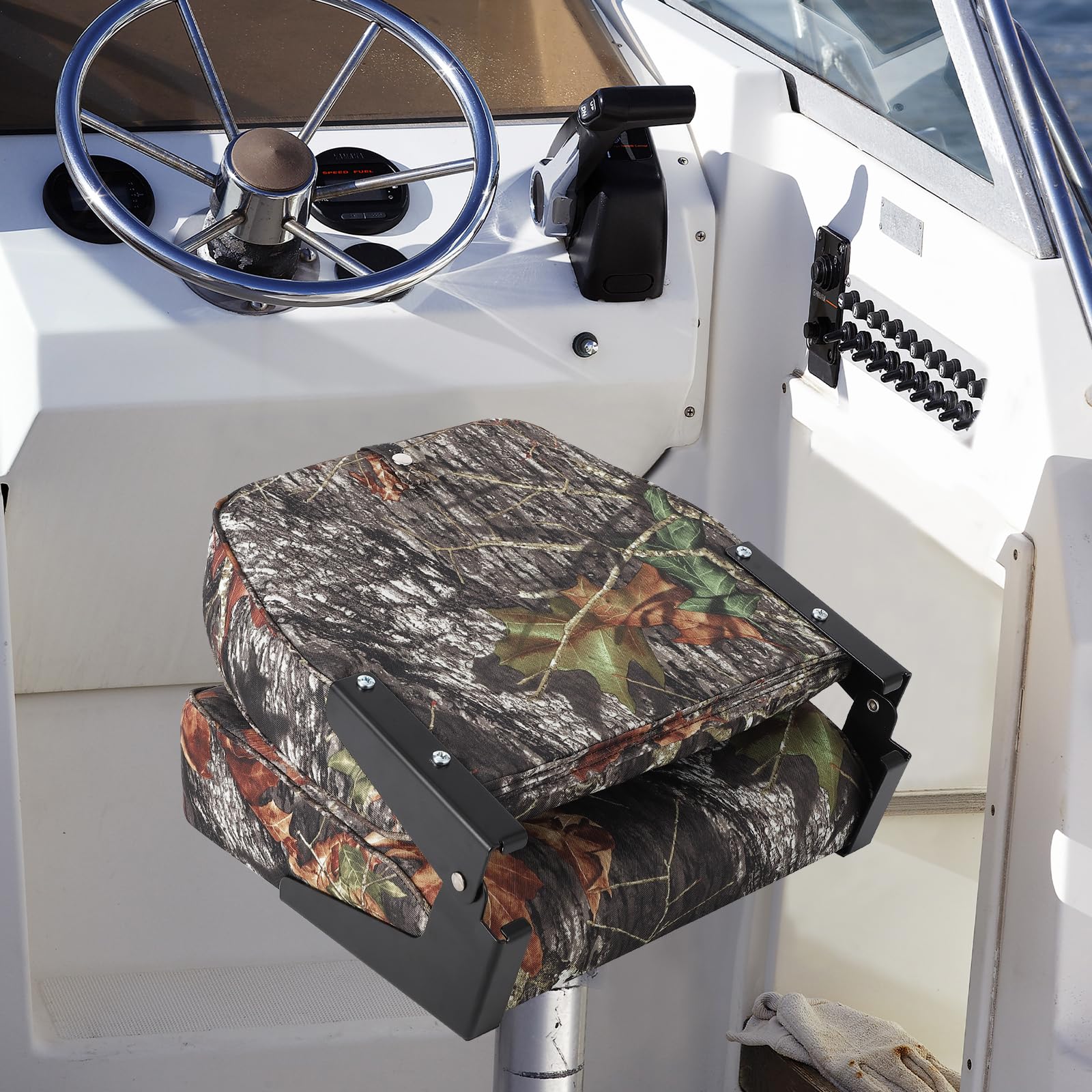 camouflage boat seat folded down at the helm
