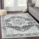 Garvee Vintage Area Rug Machine Washable Low-Pile Accent Carpet, Foldable Indoor Floor Cover for Bedroom, Living Room, Grey - Grey