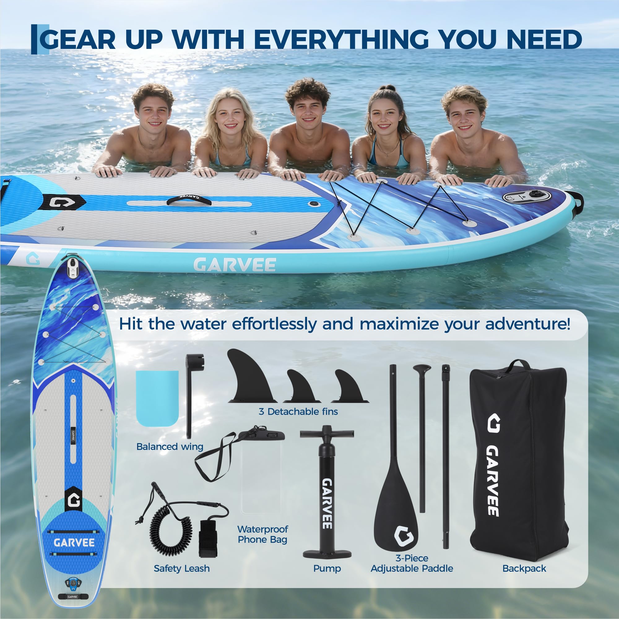 10'6" Ocean Blue Inflatable Paddle Board with paddle, pump, leash, fins, phone pouch, repair kit, and backpack