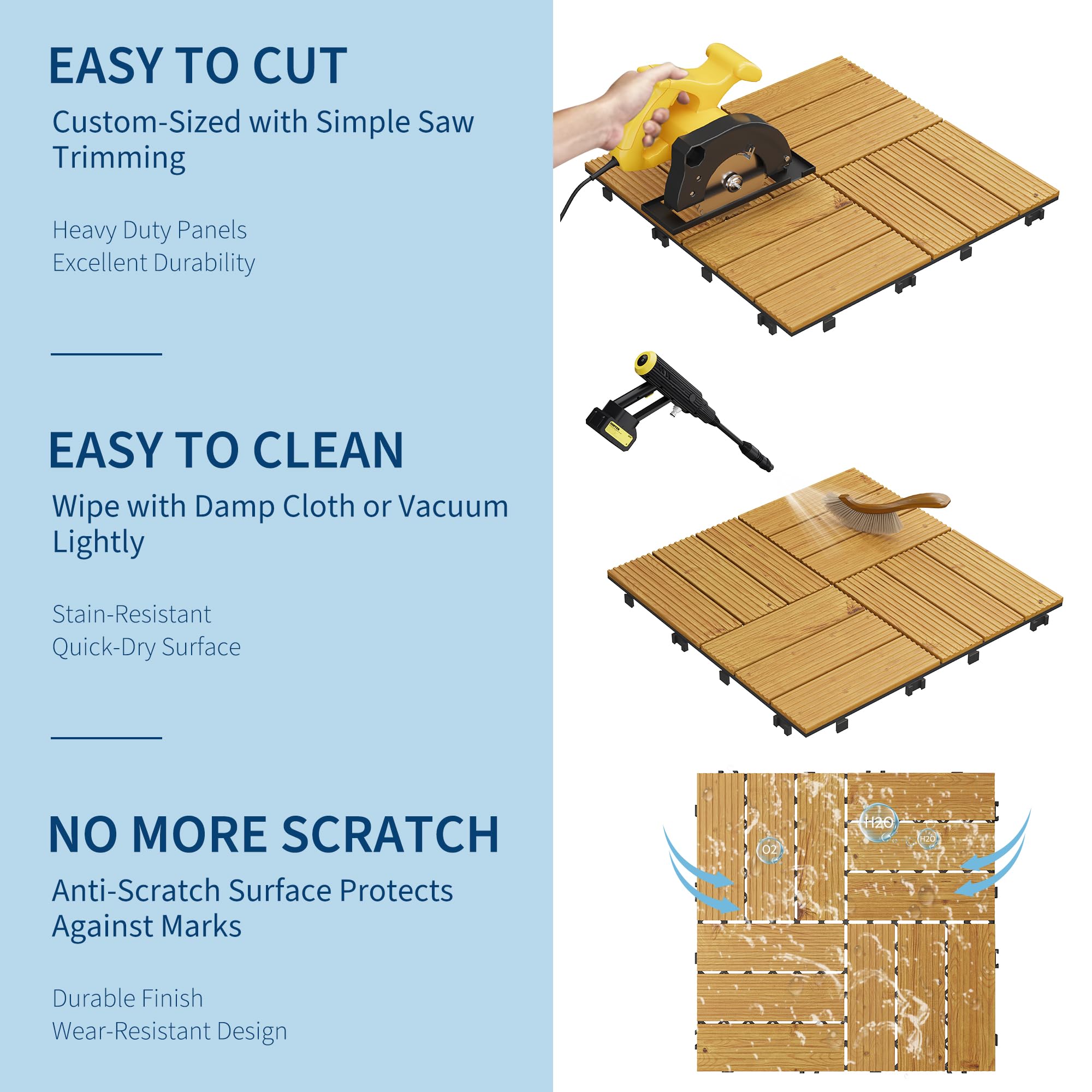 Yellow acacia wood deck tiles shown being cut cleaned and protected from scratches